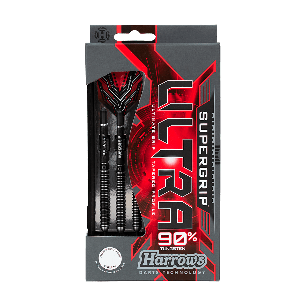 HA25176_Harrows_Supergrip_Ultra_Steeldarts_3_-4_Harrows_Plastikbox Die Abbildung zeigt eine Packung Harrows Supergrip Ultra Steeldarts. Die Verpackung ist schwarz-rot gestaltet und hebt die 90% Tungsten-Darts hervor.
