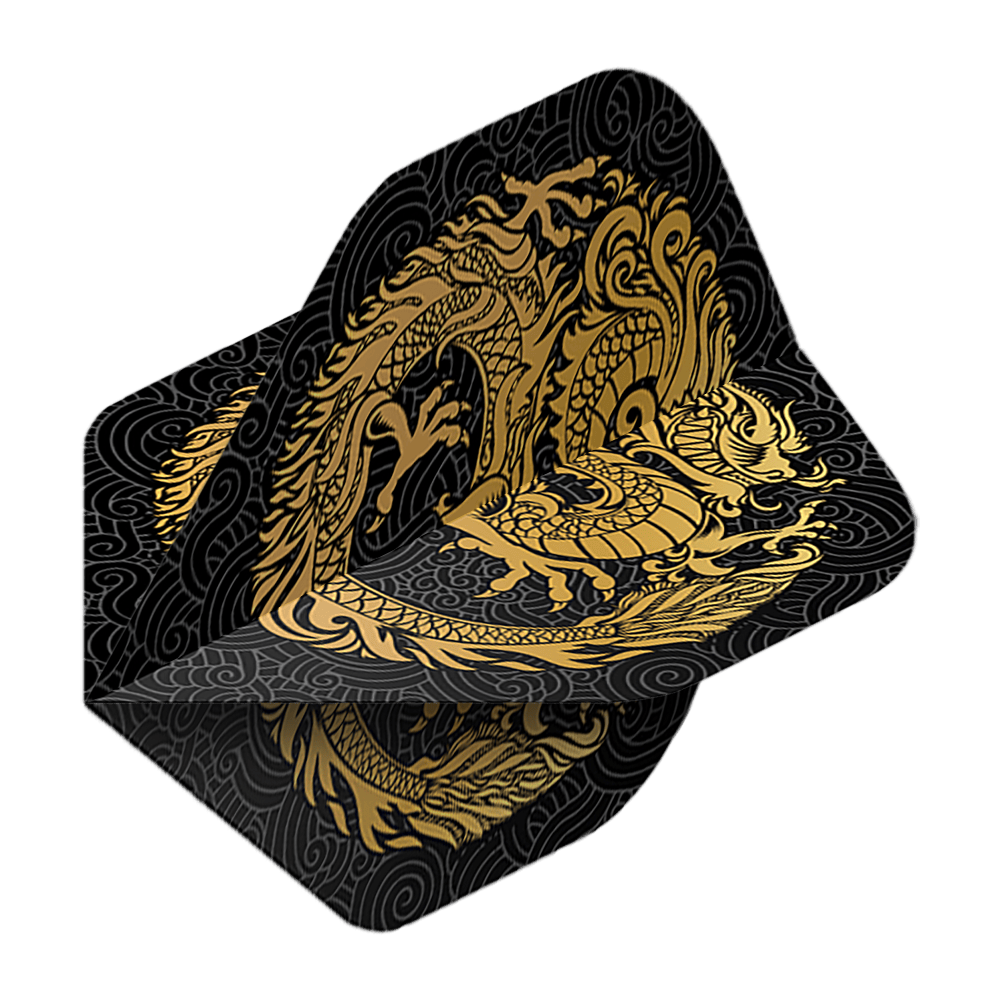 Pentathlonové lety Dragon black Auf dem Bild ist ein Pentathlon Dragon 2 Standard Flight zu sehen. Das Flight ist schwarz und mit einem goldenen Drachen verziert.