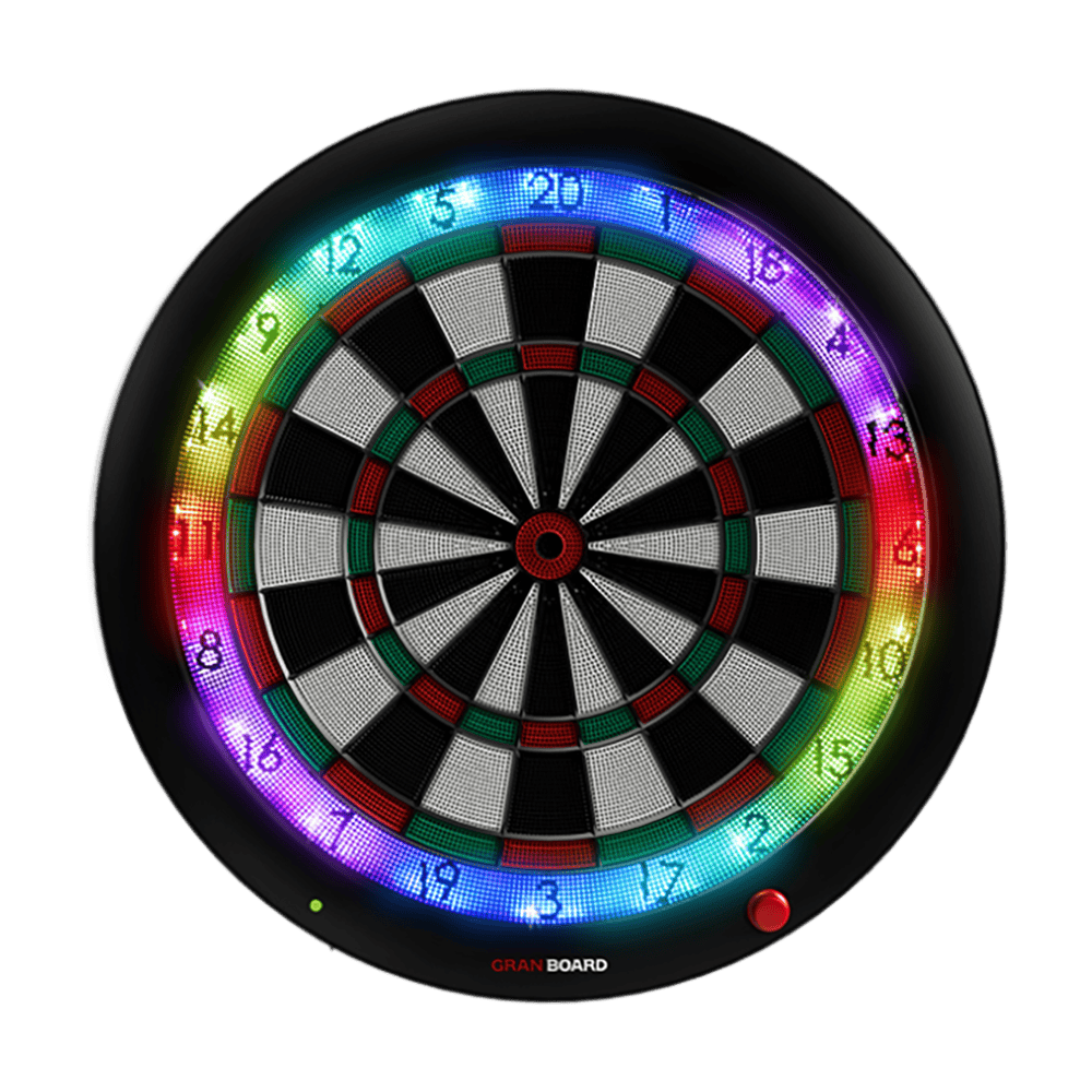 G01250_GranBoard_3S_Green_LED_Elektronisches_Dartboard_1 Das Bild zeigt das GranBoard 3S LED elektronische Dartboard. Der Zahlenring leuchtet in verschiedenen bunten LED-Farben.