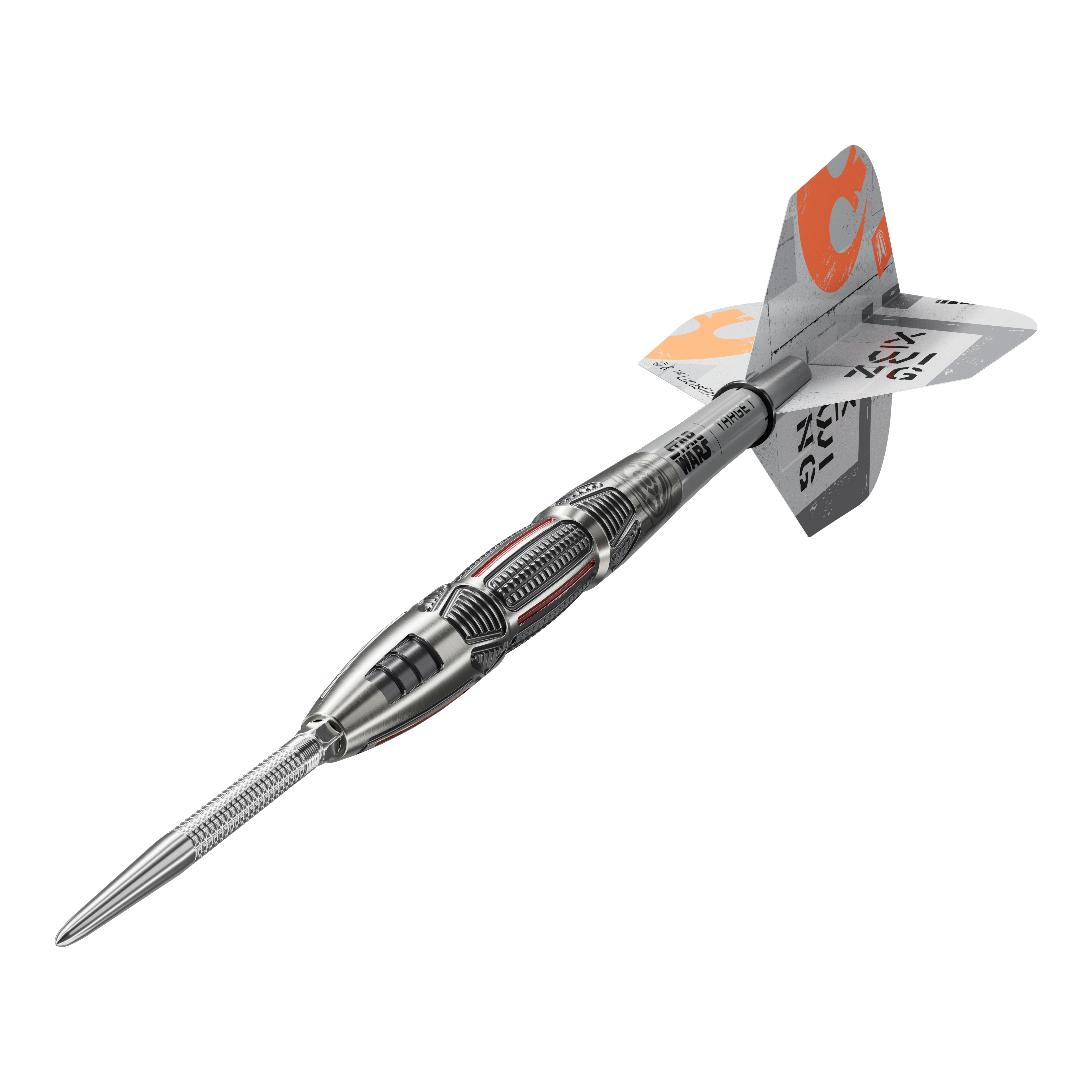 Ocelové šipky Target Star Wars X-Wing Swiss Point Target Star Wars X-Wing Swiss Point Steeldarts sind hochwertige Steeldarts mit X-Wing-Design. Das Bild zeigt die Darts aus einer Detailperspektive.