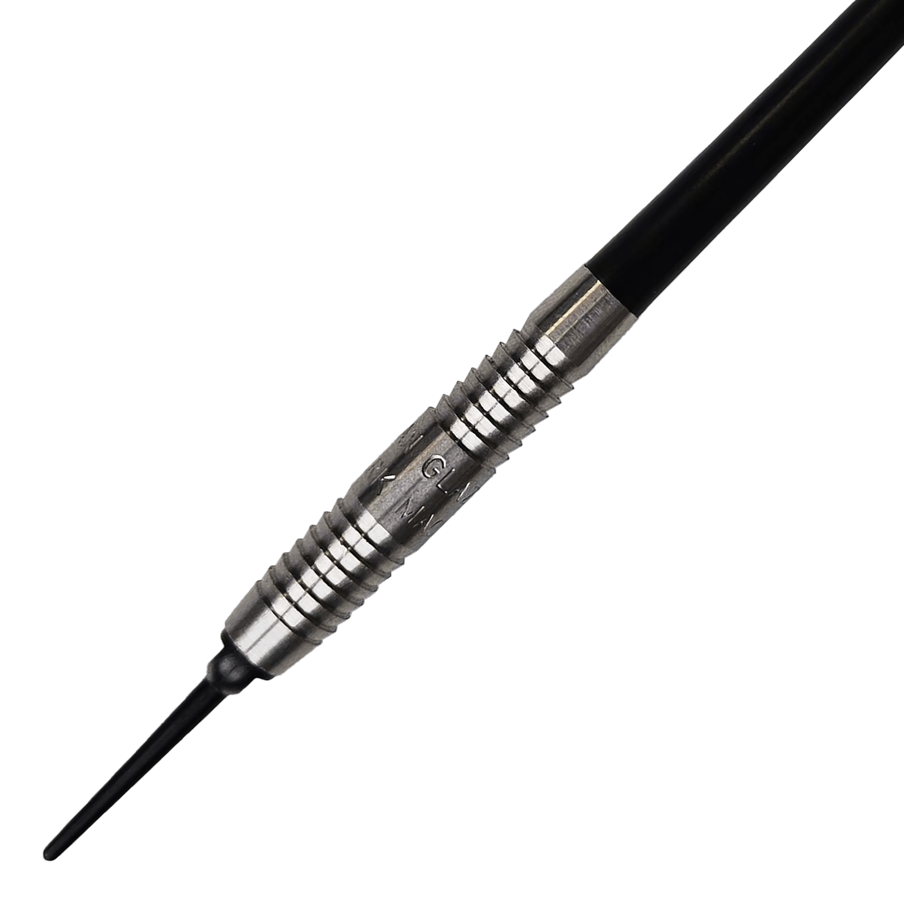 McKicks Alam Glazier Shark Machine měkké šipky Das Bild zeigt einen McKicks Alam Glazier Shark Machine Softdart. Der Dartpfeil hat eine silberne Griffzone mit Rillen und eine schwarze Spitze.