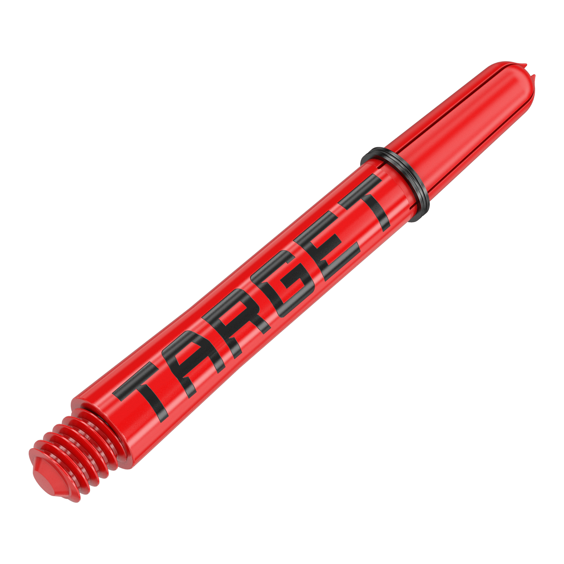Das Bild zeigt einen roten Dartschafte mit der Aufschrift "TARGET" in schwarzen Buchstaben. Der Schaft hat ein Schraubgewinde und einen schwarzen Gummiring.