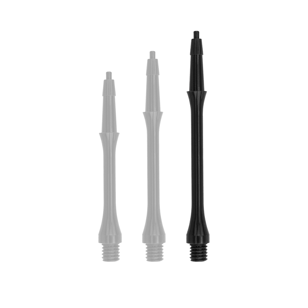 Das Bild zeigt drei schwarze Harrows Clic Slim Shafts in unterschiedlichen Längen. Sie sind dünn, zylindrisch und haben an einem Ende ein Gewinde.