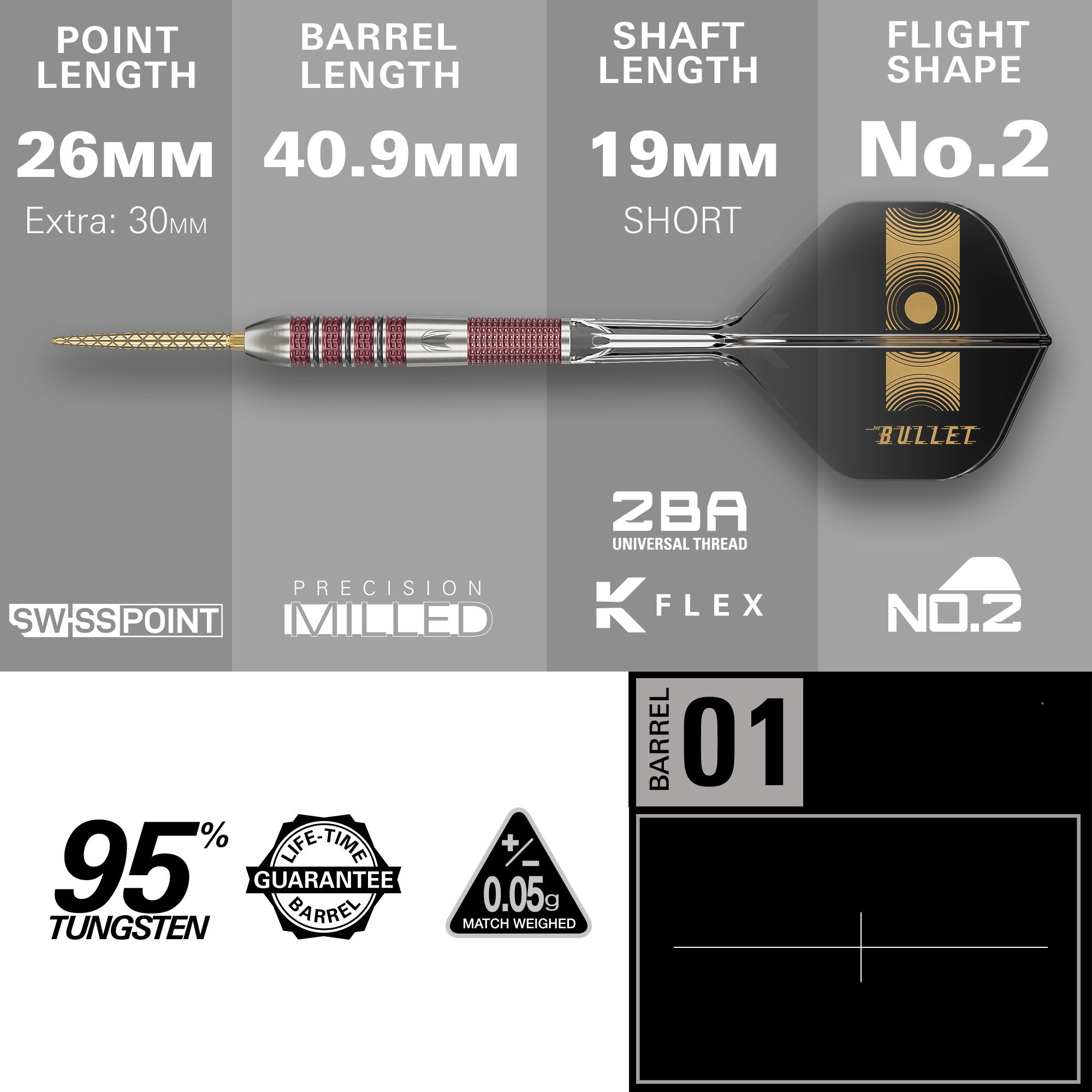 Šipky Target Stephen Bunting 95K Swiss Point Steel Das Bild zeigt die technischen Daten des Produkts „Target Stephen Bunting 95K Swiss Point Steeldarts“. Es werden Längen der Spitze, des Barrels und des Schafts sowie das Flugdesign und das Material (95% Wolfram) hervorgehoben.