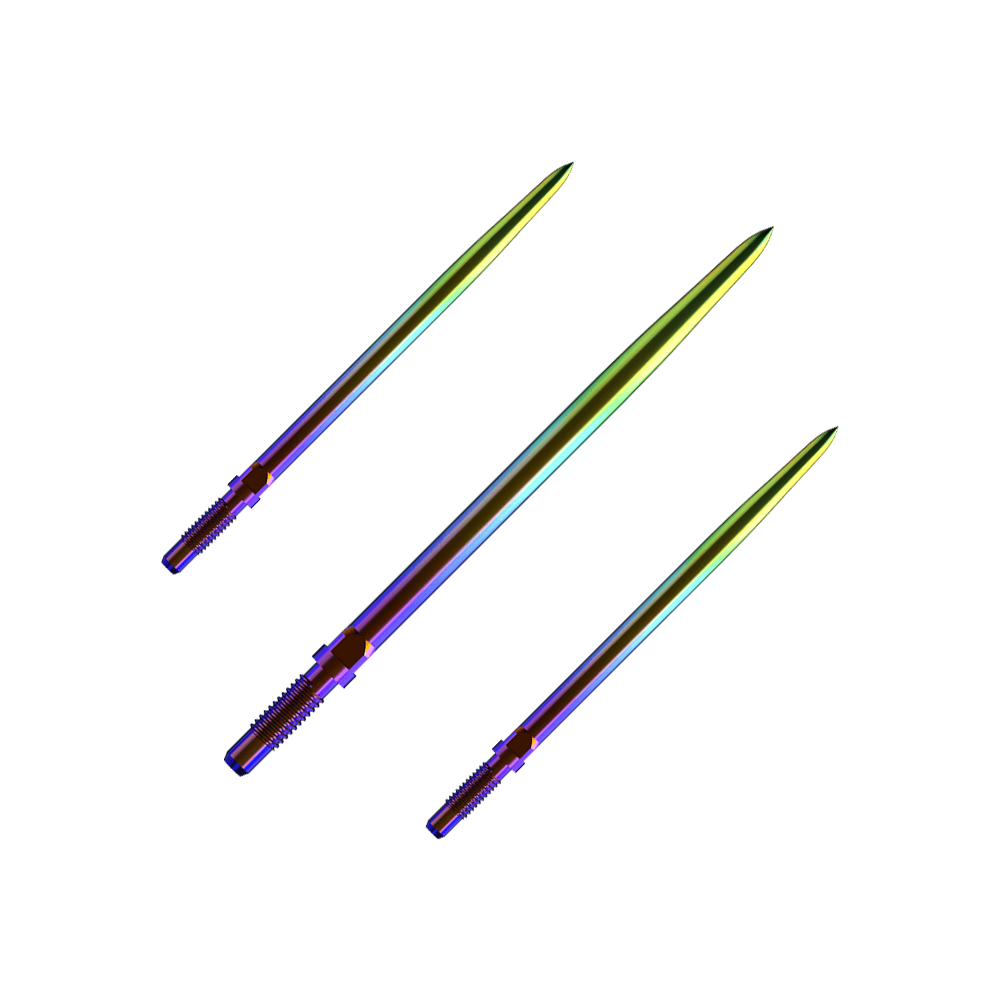 Špičky šipek Bulls NL Convertible Point - hladké - duhové Ein Bild mit dem Dateinamen BU57716_BullsNL_Convertible_Points_Smooth_Rainbow_36mm_1Set. Es zeigt wahrscheinlich ein Set von Dartspitzen in Regenbogenfarben.