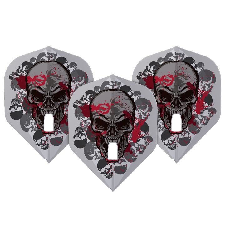 L-Style Ryan Searle V2 Clear White Signature Champagne L1PRO Flights Auf dem Bild sind drei Dartflights mit einem auffälligen Totenkopf-Design in dunklen und roten Farben zu sehen. Es handelt sich um die L-Style Ryan Searle V2 Clear White Signature Champagne L1PRO Flights.