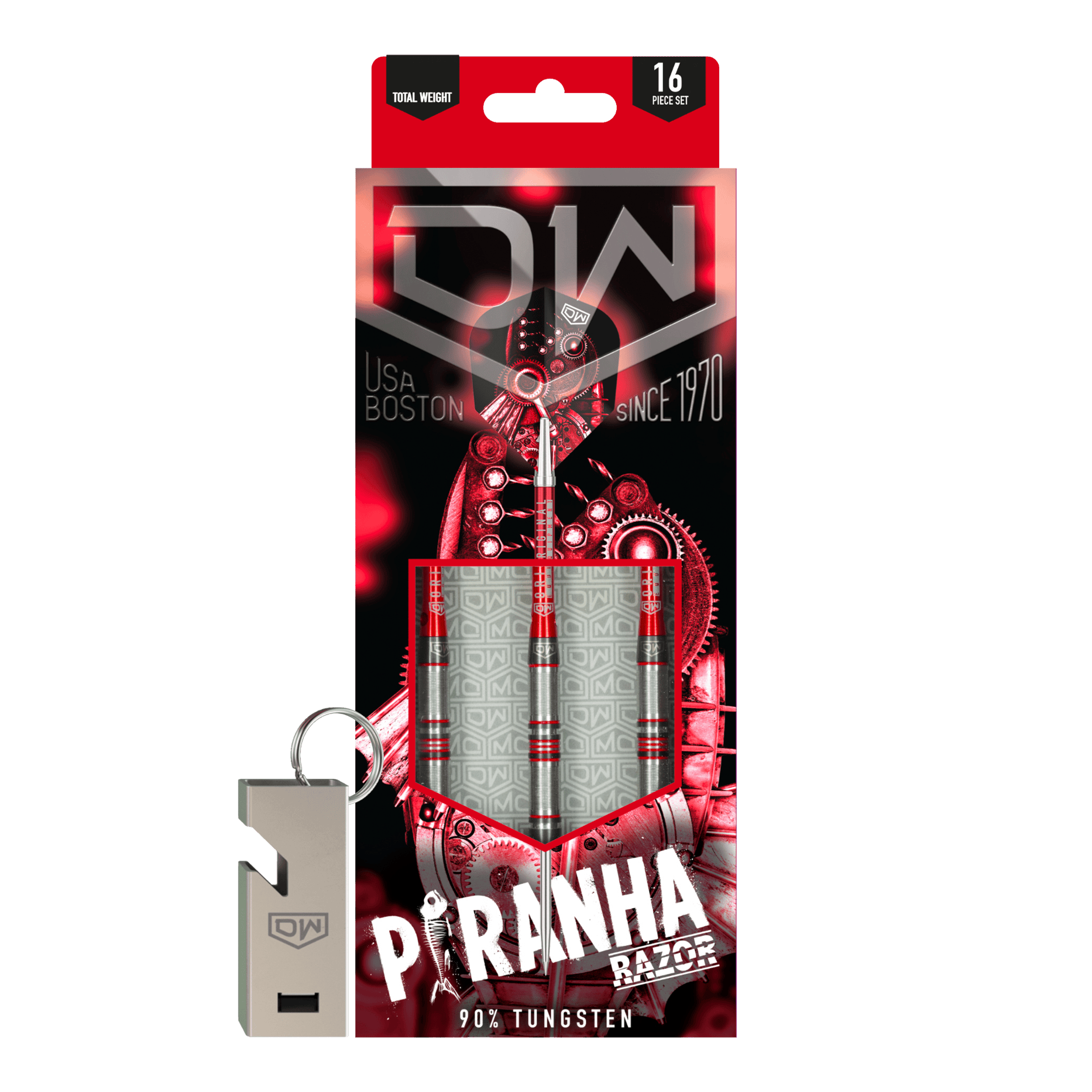 Ocelové šipky DW Piranha Razor 01 Das Bild zeigt die Verpackung der "DW Piranha Razor 01 Steeldarts". In der Packung sind drei Darts aus 90% Tungsten und ein silberner Schlüsselanhänger enthalten.
