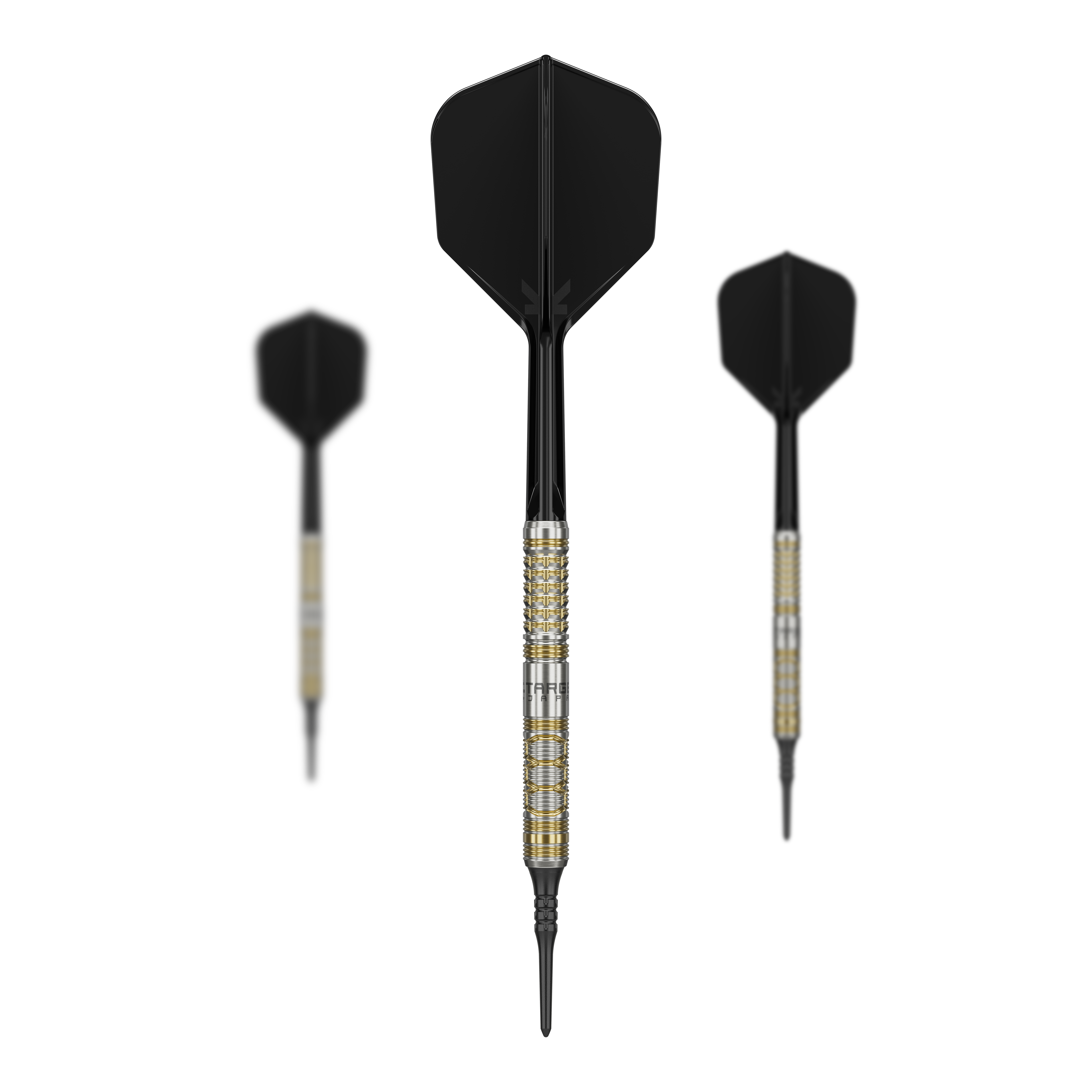 Měkké šipky Target Japan Black Marque Reyn GEN2 - 17,5 g Das Bild zeigt drei Softdarts des Modells "Target Japan Black Marque Reyn GEN2" mit einem Gewicht von 17,5g. Die Darts haben schwarze Flights und einen metallisch gold-silbernen Schaft.