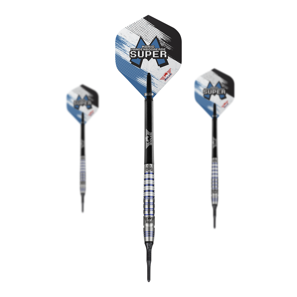 Bulls NL Mario Vandenbogaerde 90% Softdarts - 20g Auf dem Bild sind drei Softdarts des Modells "Bulls NL Mario Vandenbogaerde 90% Softdarts - 20g" zu sehen. Die Darts haben silberne und blaue Akzente mit dem Namen des Spielers auf den Flights.