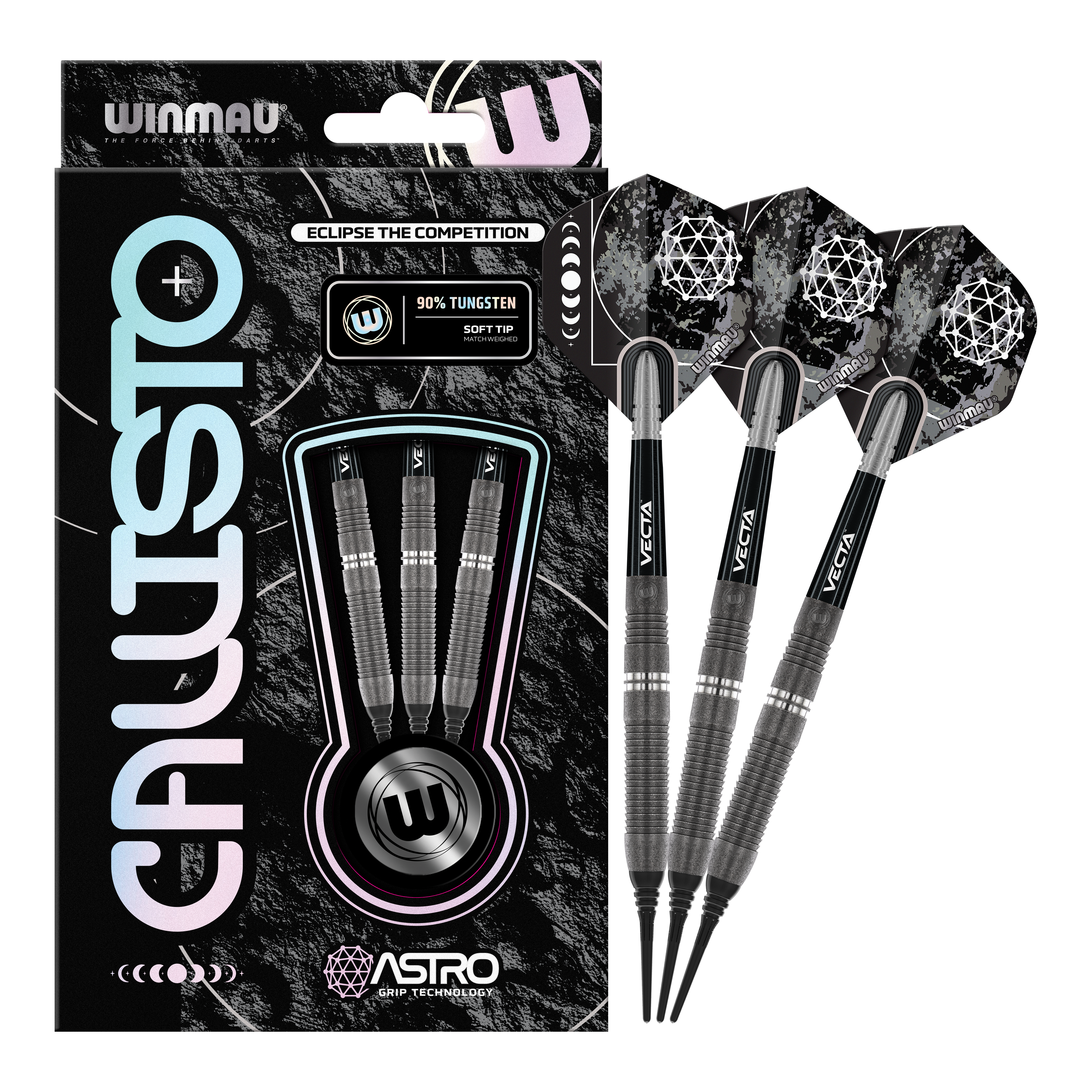 Winmau Callisto 03 Softdarts - 20g Das Bild zeigt die Winmau Callisto 03 Softdarts mit einem Gewicht von 20g. Die Verpackung enthält drei schwarze Softdarts mit auffälligen Flights und dem Hinweis auf 90% Tungsten.