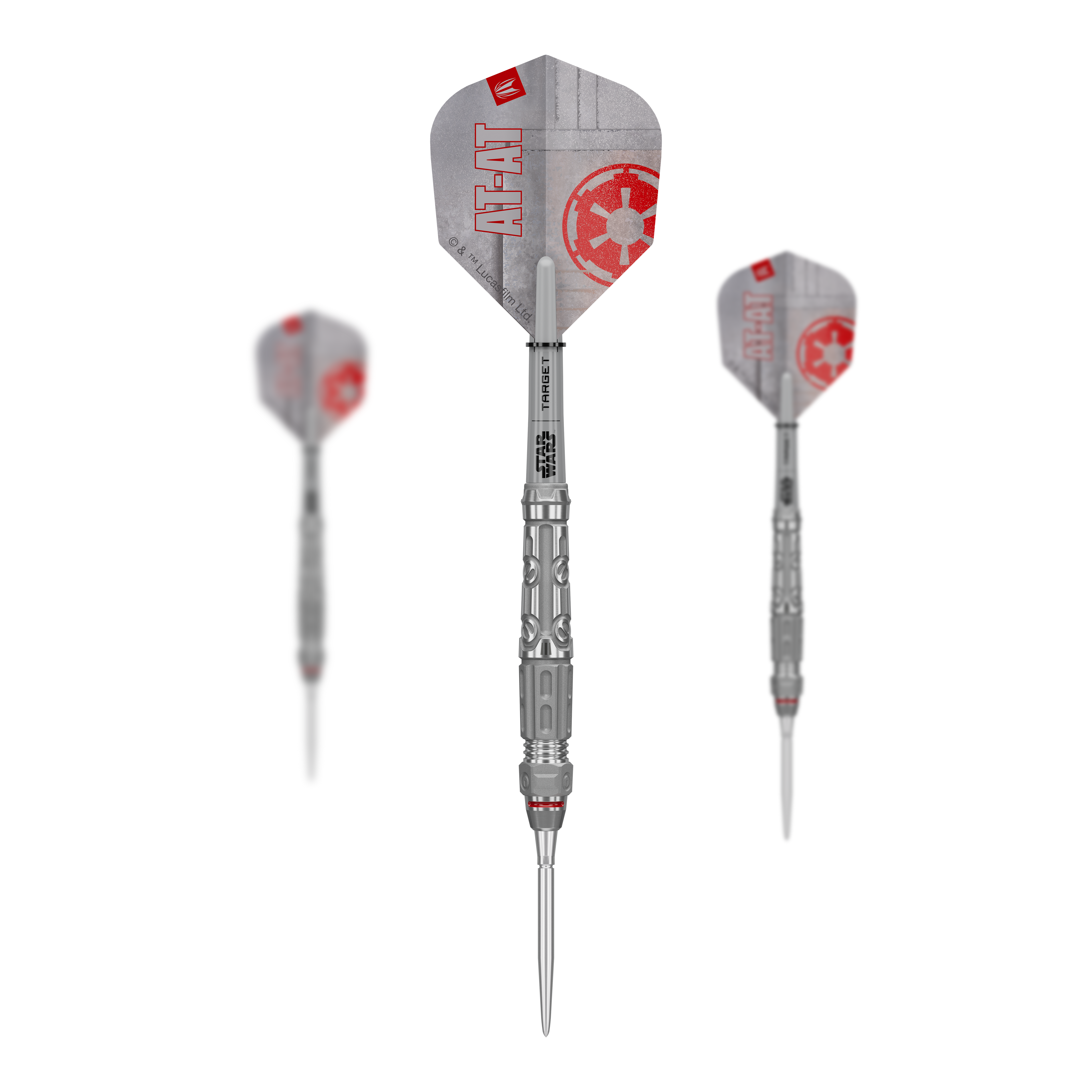 Ocelové šipky Target Star Wars AT-AT Swiss Point Auf dem Bild ist das Produkt Target Star Wars AT-AT Swiss Point Steeldarts im Set zu sehen. Es zeigt die Zusammenstellung der Dartpfeile in ihrer Verpackung.