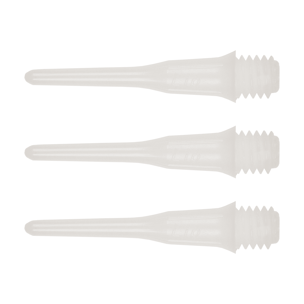SLIP-W-Short_Lippoints_50er_White_1 Das Bild zeigt drei kurze, durchsichtige Spitzen mit Gewinde. Es handelt sich um "Short Lippoints" aus einer 50er Packung für Dartpfeile.