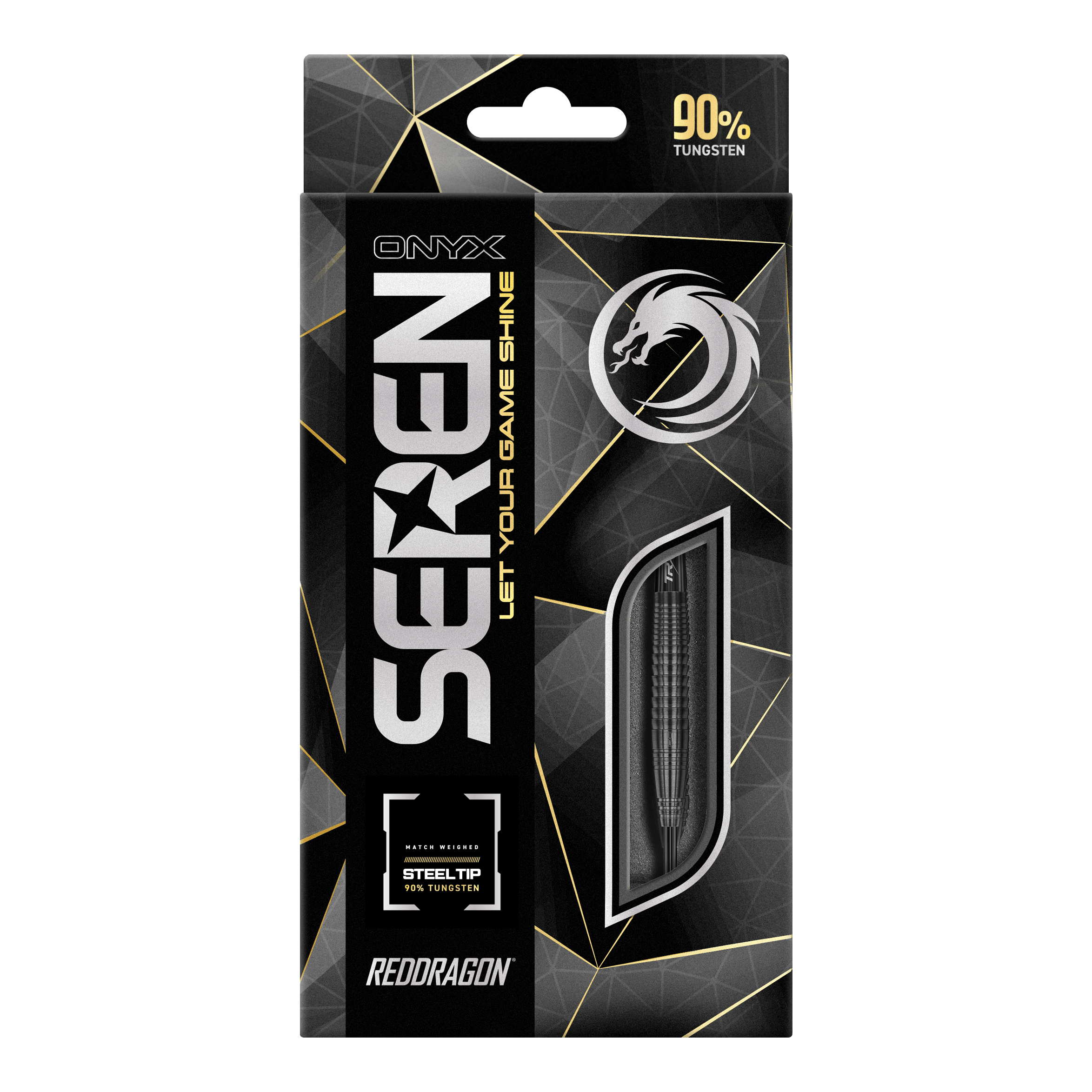 Ocelové šipky Red Dragon Seren 4 Onyx Das Bild zeigt die Verpackung der "Red Dragon Seren 4 Onyx Steeldarts". Auf der Verpackung steht, dass die Darts aus 90% Tungsten bestehen.