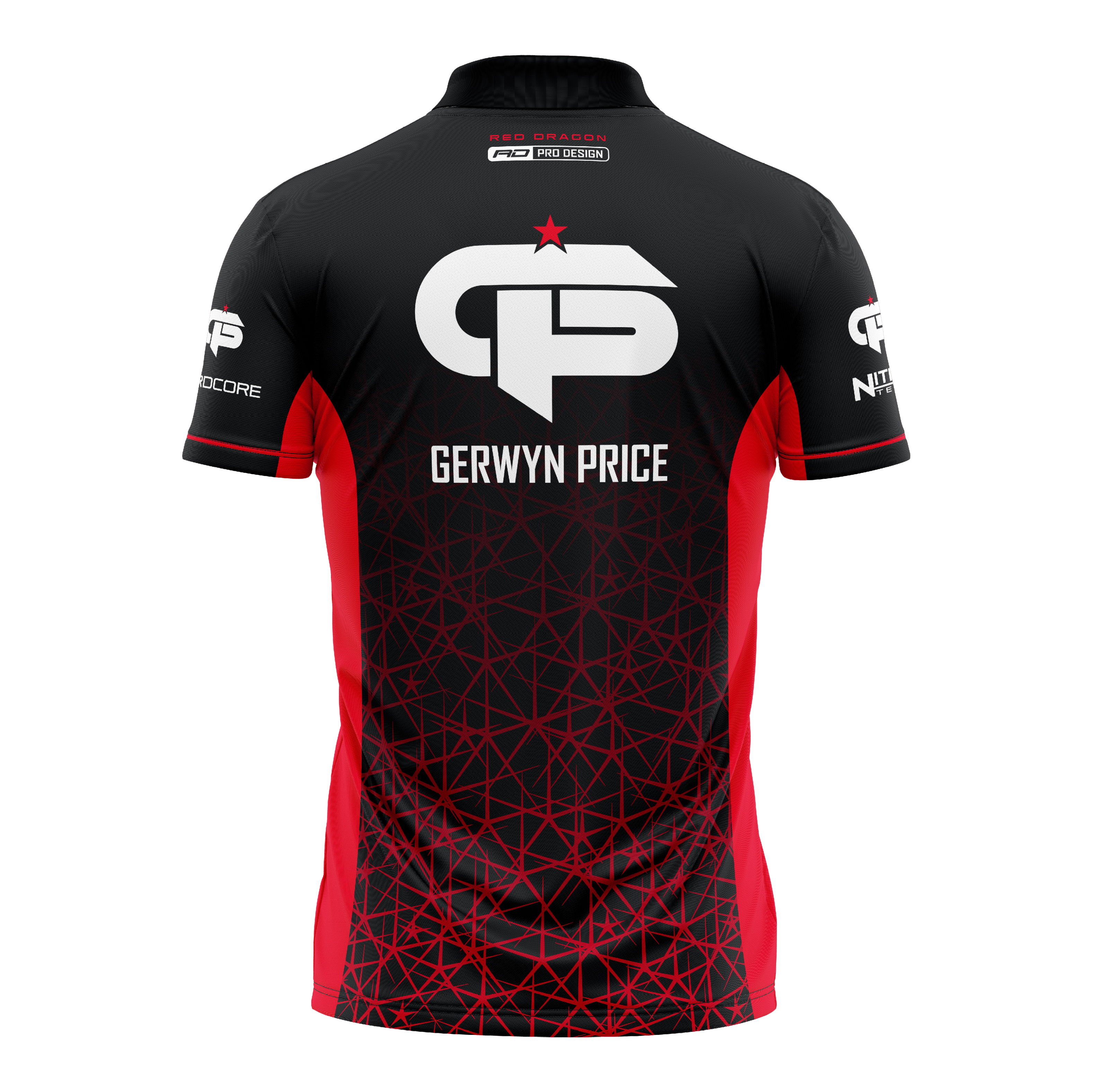 Red Dragon Gerwyn Price Red Tour Polo Dart Shirt Dies ist ein schwarzes und rotes Dartshirt mit dem Namen "Gerwyn Price" auf dem Rücken. Auf dem Shirt befindet sich ein großes weißes Logo und geometrische rote Muster.