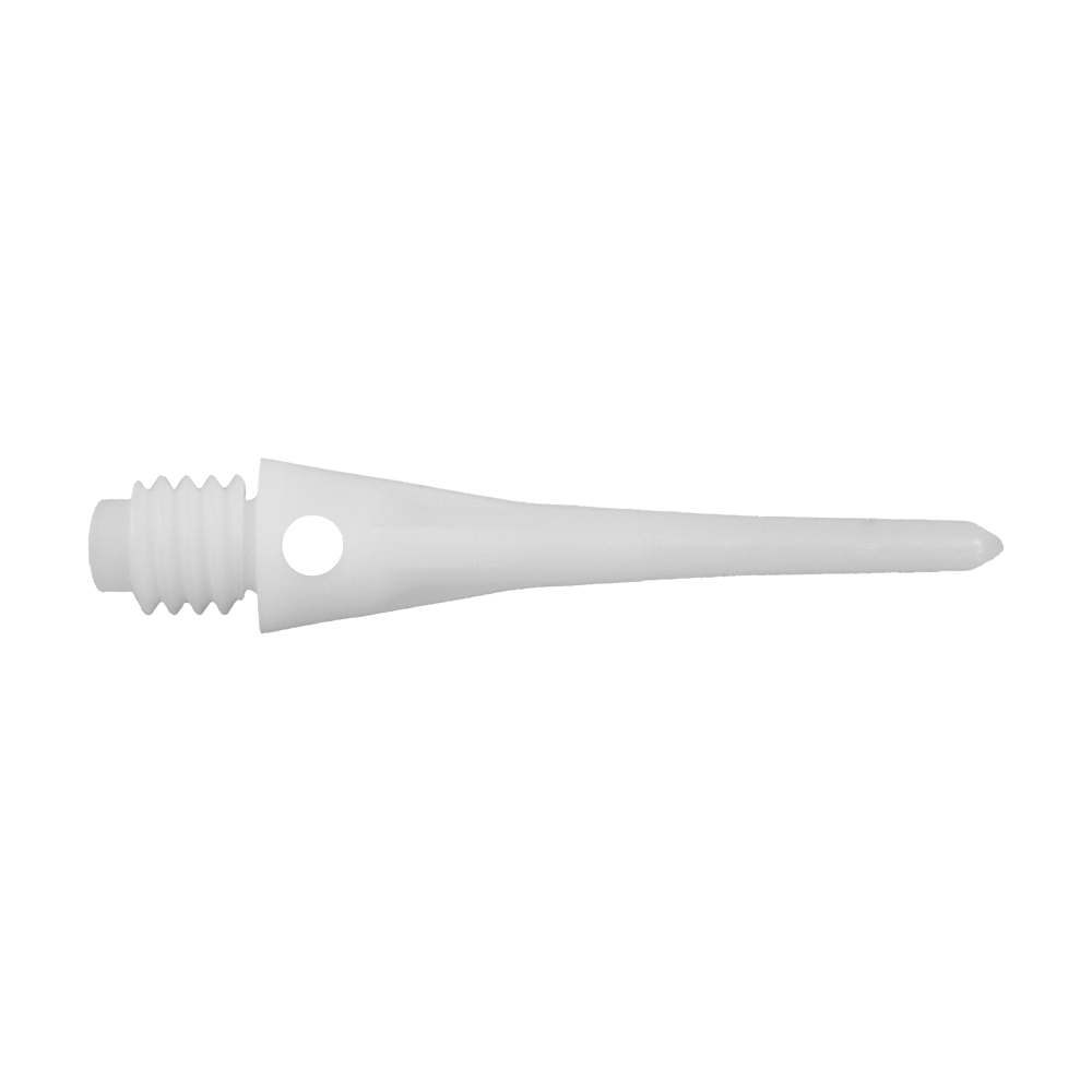 CO-00071_Condor_Tip_Zero-Stress_Softdartspitzen_Weiss_2 Das Bild zeigt eine weiße Softdartspitze mit Schraubgewinde und einem kleinen Loch an der Seite. Es handelt sich um die Condor Tip Zero-Stress 2BA Softdartspitzen aus dem 40er Pack.
