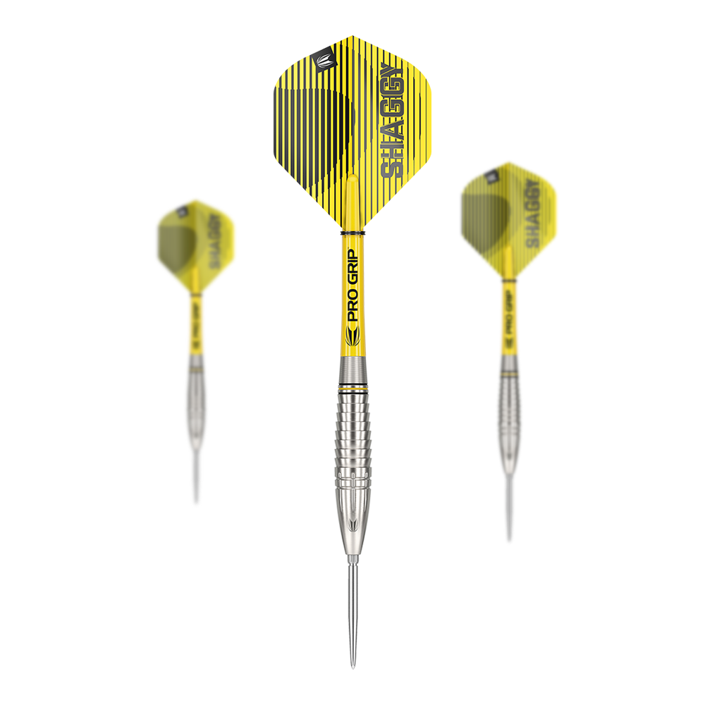 Ocelové šipky Target Scott Williams GEN1 Swiss Point Das Bild zeigt drei Target Scott Williams GEN1 Swiss Point Steeldarts mit gelb-schwarzen Flights. Die Darts haben silberne Spitzen und Griffe mit „Pro Grip“-Schäften.