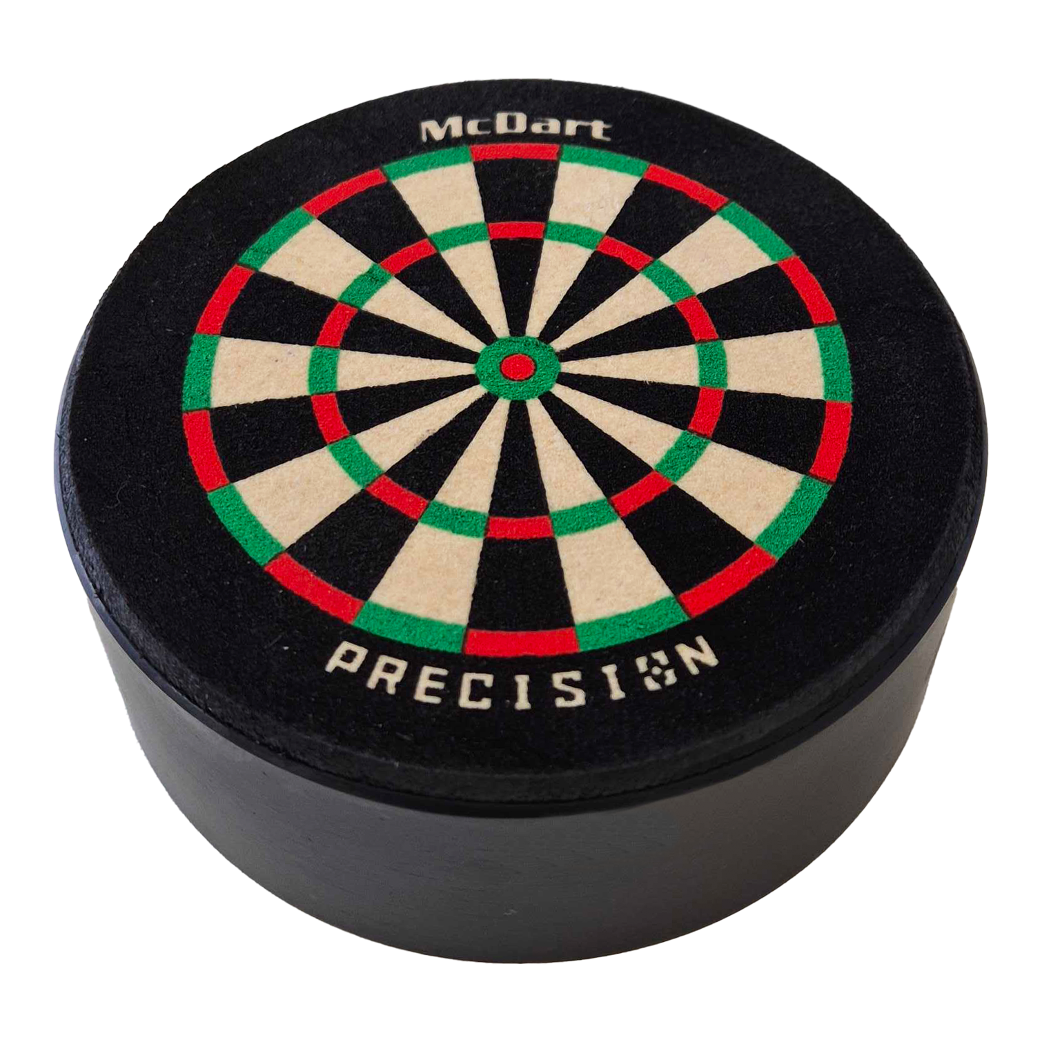 Das Bild zeigt die McDart Precision Mini Dartboard Darthalter. Es ist eine kleine, runde Dartscheibe mit farbigen Segmenten und dem Schriftzug "McDart Precision" darauf.