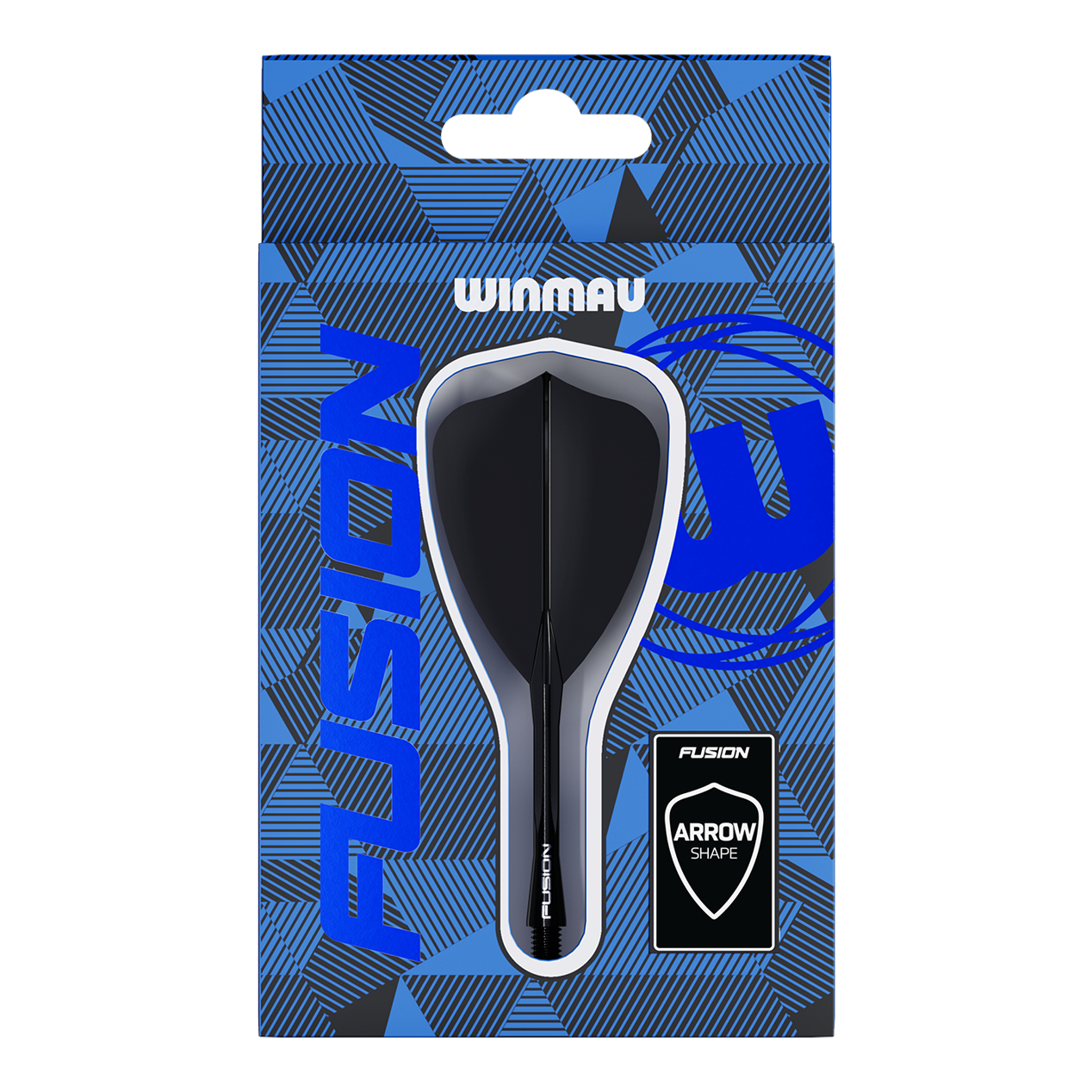 Winmau Fusion Flight-Shaft-System Arrow Schwarz Das Bild zeigt eine Verpackung mit einem Winmau Fusion Flight-Shaft-System in Pfeilform. Die Verpackung ist hauptsächlich blau mit geometrischen Mustern und der Aufschrift "FUSION".