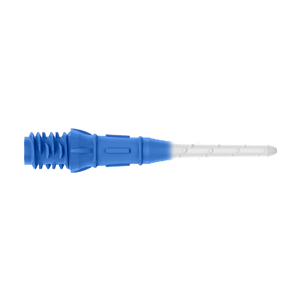 Dvoubarevné rtěnky L-Style Premium (balení 30 kusů) Das Bild zeigt eine Dartspitze mit zwei Farben, dunkelblau und weiß. Der hintere Teil ist dunkelblau, während der vordere Teil weiß ist.