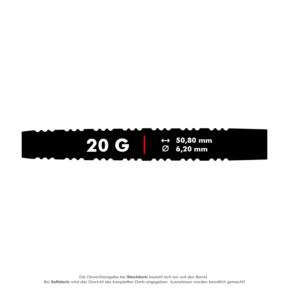 Das Bild zeigt die Produktdetails der Red Dragon Nirvana Softdarts mit einem Gewicht von 20 Gramm. Die Darts haben eine Länge von 50,80 mm und einen Durchmesser von 6,20 mm.