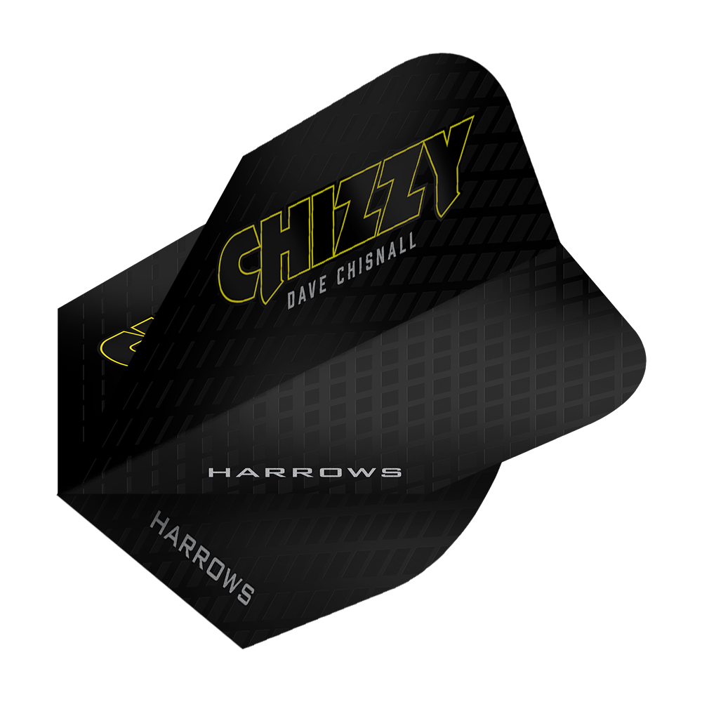 Harrowův Dave Chisnall Chizzy série 3 letů Das Bild zeigt das Produkt „Harrows Dave Chisnall Chizzy Series 3 Flights“. Die Flights sind schwarz mit gelber Schrift und tragen den Namen „Chizzy“ sowie „Dave Chisnall“.