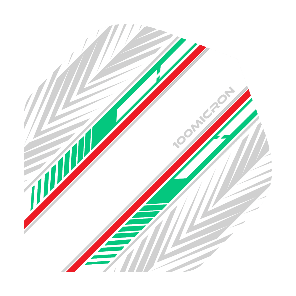 Letky pro pětiboj bílé/zelené/červené Das Bild zeigt einen Pentathlon White Green Red No2 Standard Flight für Darts. Das Design besteht aus weißen, grünen und roten Streifen sowie grauen Pfeilmustern auf weißem Hintergrund.