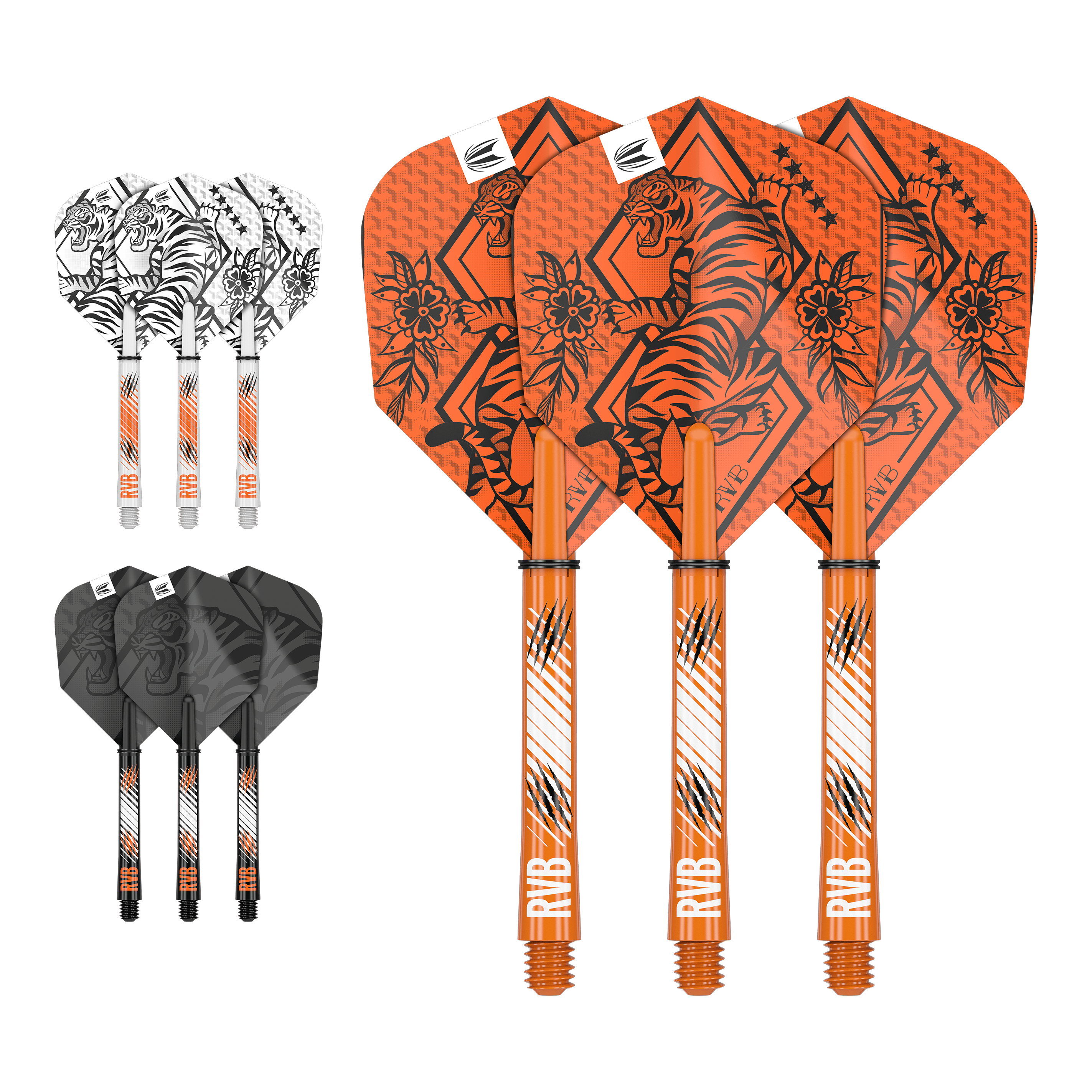 Souprava Target Ink Flight Shaft Raymond Van Barneveld Auf dem Bild sind drei Sets von Dart-Flights und Schäften in den Farben Orange, Weiß und Schwarz zu sehen. Jedes Set ist mit einem Tiger-Design und den Initialen "RVB" verziert.