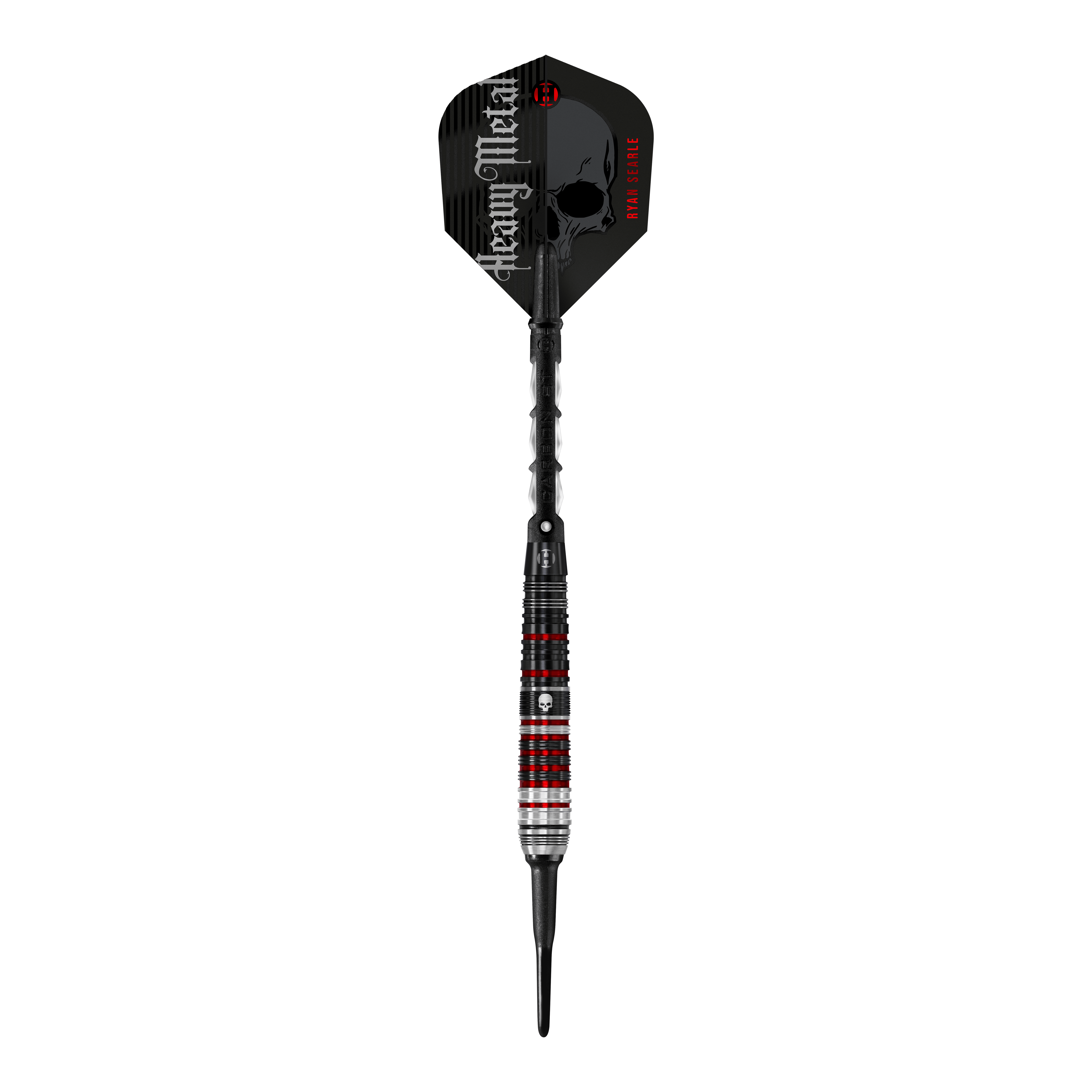 Měkké šipky Harrow's Ryan Searle Heavy Metal Series 2 Das Bild zeigt einen Harrows Ryan Searle Heavy Metal Series 2 Softdart. Der Dartpfeil hat ein auffälliges Design mit schwarzen, roten und silbernen Akzenten sowie der Aufschrift "Heavy Metal" auf dem Flight.
