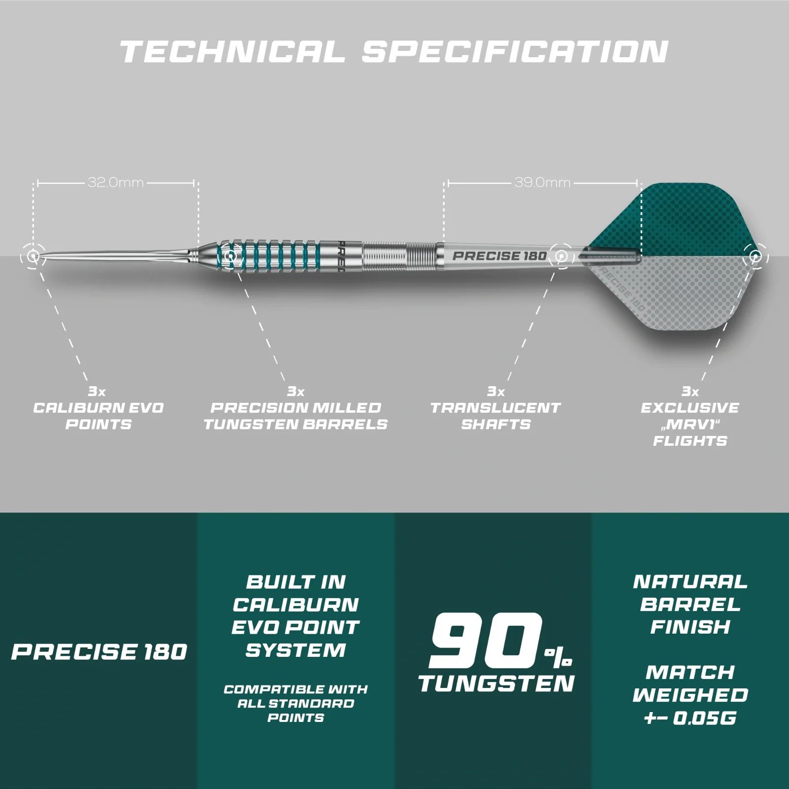 Precise 180 MRV1 Steeldarts Die Abbildung zeigt die Precise 180 MRV1 Steeldarts mit einem Gewicht von 23g. Es handelt sich um hochwertige Steeldarts für präzises Dartspiel.