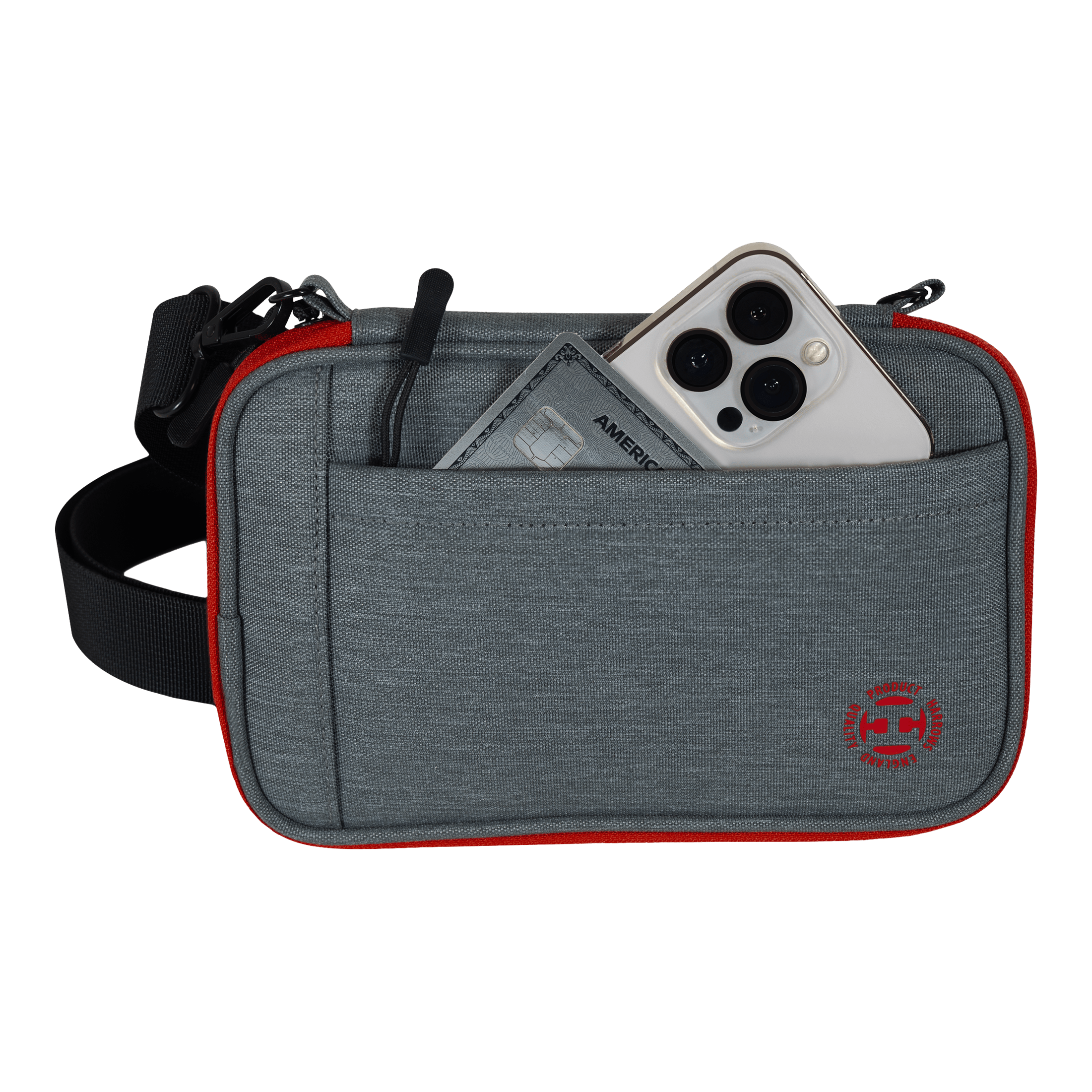 Peněženka na šipky Harrows Smart Case XL Das Bild zeigt eine graue Tasche mit rotem Rand und einem schwarzen Gurt. In der Vordertasche stecken ein Smartphone und eine Kreditkarte.