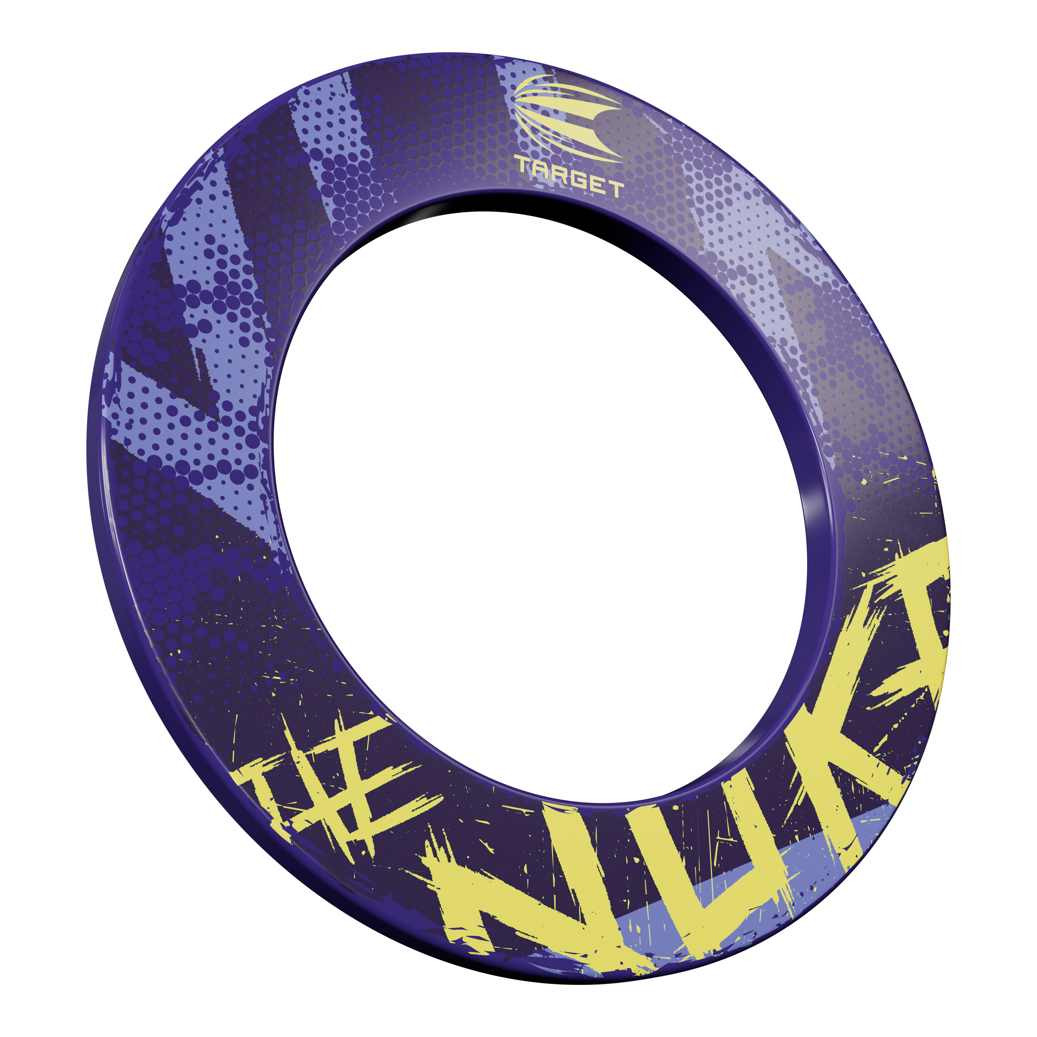 Obvodový terč Target Luke Littler The Nuke Das Bild zeigt eine Dartboard-Umrandung mit dem Namen „Target Luke Littler The Nuke Dartboard Surround“. Die Umrandung ist hauptsächlich lila mit gelben Schriftzügen und Mustern gestaltet.