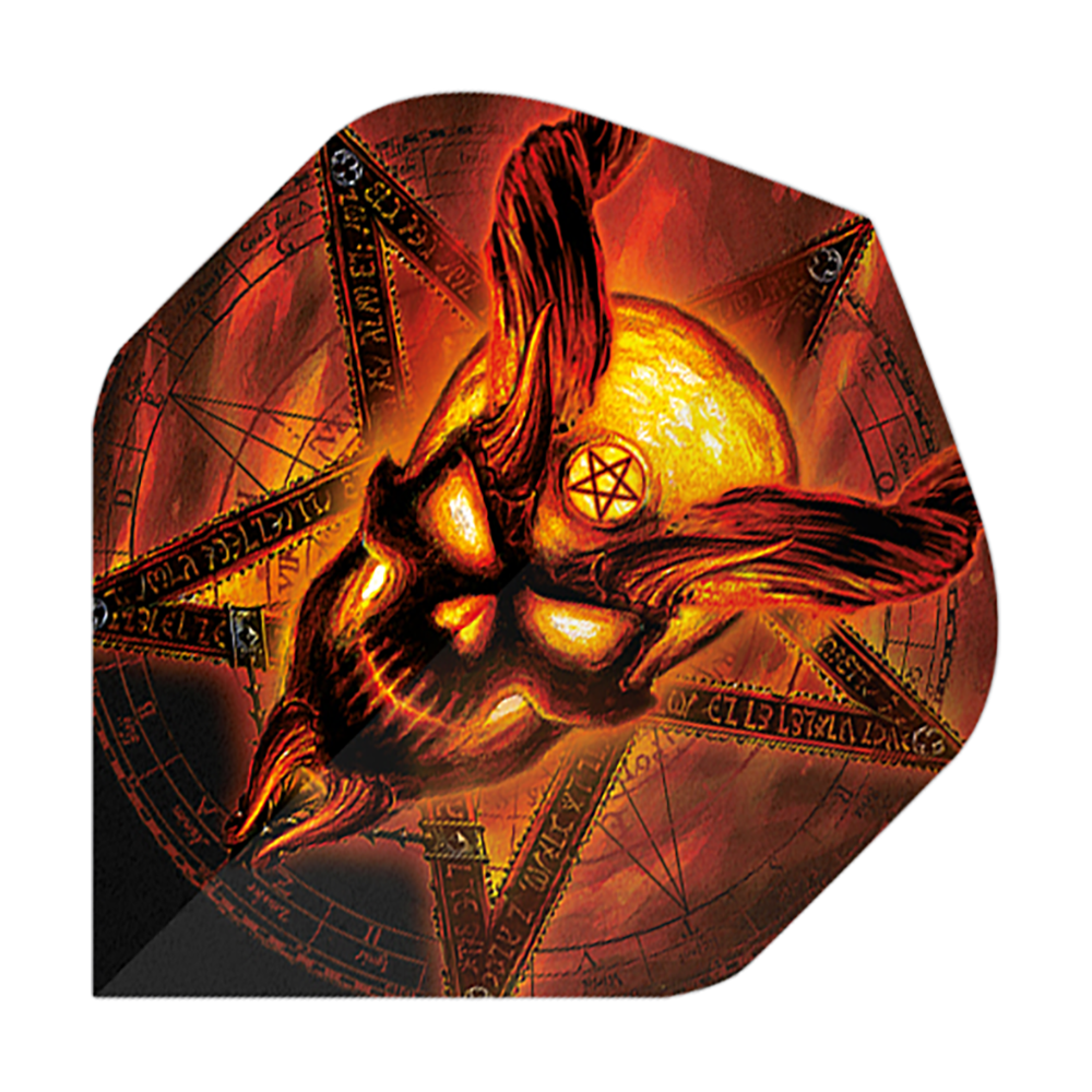 Standardní lety pro Alchemy Burning Temple No2 Das Bild zeigt einen Dartflight mit einem brennenden, dämonischen Schädel und einem Pentagramm im Hintergrund. Die Farben sind hauptsächlich in Rot-, Orange- und Gelbtönen gehalten, was das feurige Design betont.