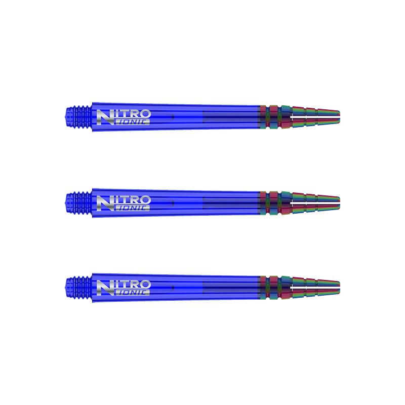 C606_Nitro_Ionic_Medium_Blue_Shafts Auf dem Bild sind drei blaue RedDragon Nitrotech Ionic Shafts zu sehen. Sie sind nebeneinander angeordnet und haben ein glänzendes, metallisches Aussehen.