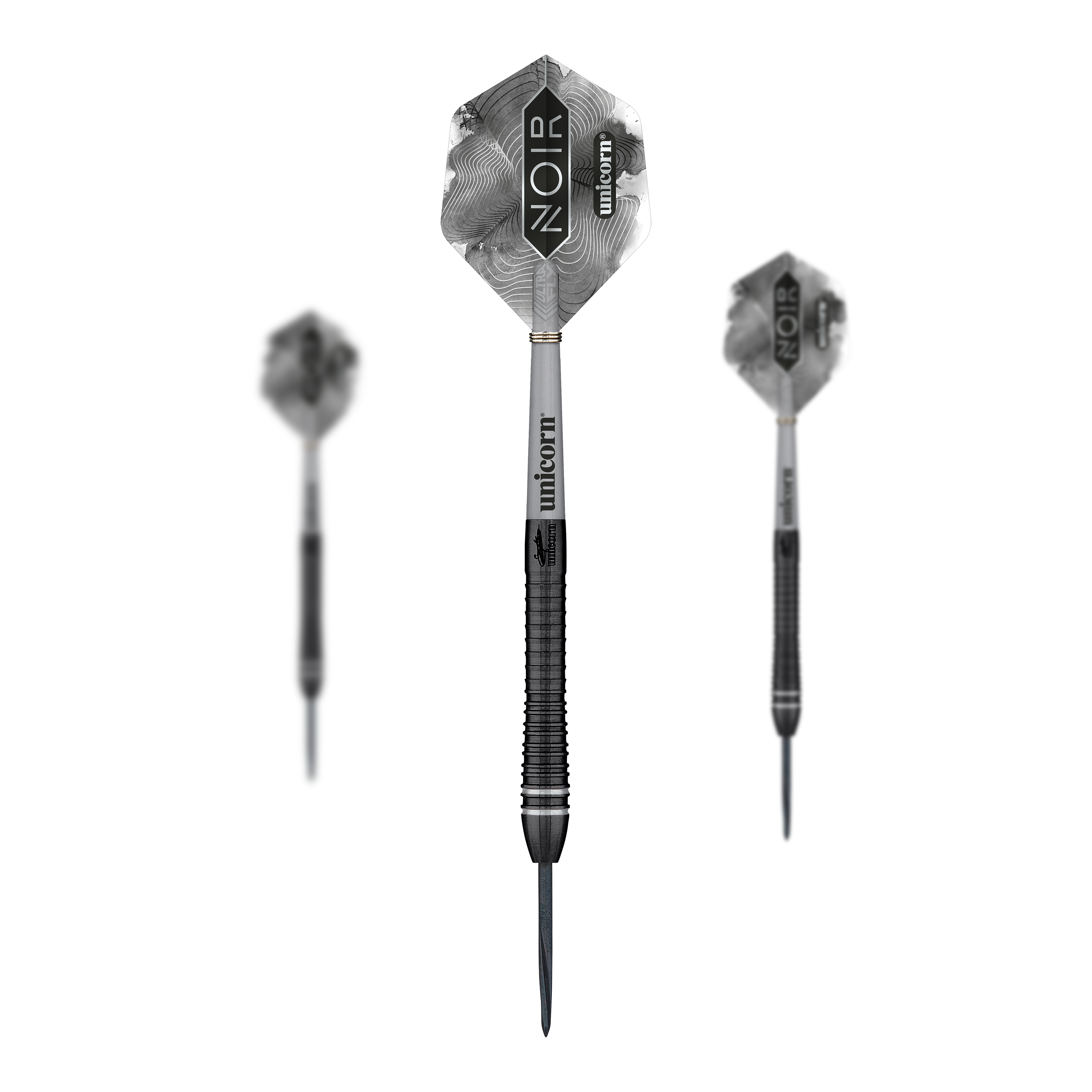 Mistr světa Unicorn Gary Anderson Noir Fáze 6 Steeldarts Das Bild zeigt drei Steeldarts des Modells „Unicorn World Champion Gary Anderson Noir Phase 6“. Die Pfeile sind schwarz-silber und tragen die Aufschrift „NOIR“ und „unicorn“ auf den Flights.