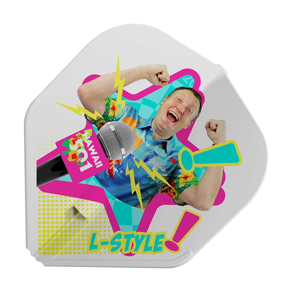 Letky Wayne Mardle typu L-Style Type B L1EZ White Das Bild zeigt das Produkt "L-Style Wayne Mardle Type B L1EZ White Flights" mit einem bunten Design. In der Mitte ist eine fröhliche Person abgebildet, umgeben von Mikrofon, Blitzen und dem Schriftzug "L-Style".