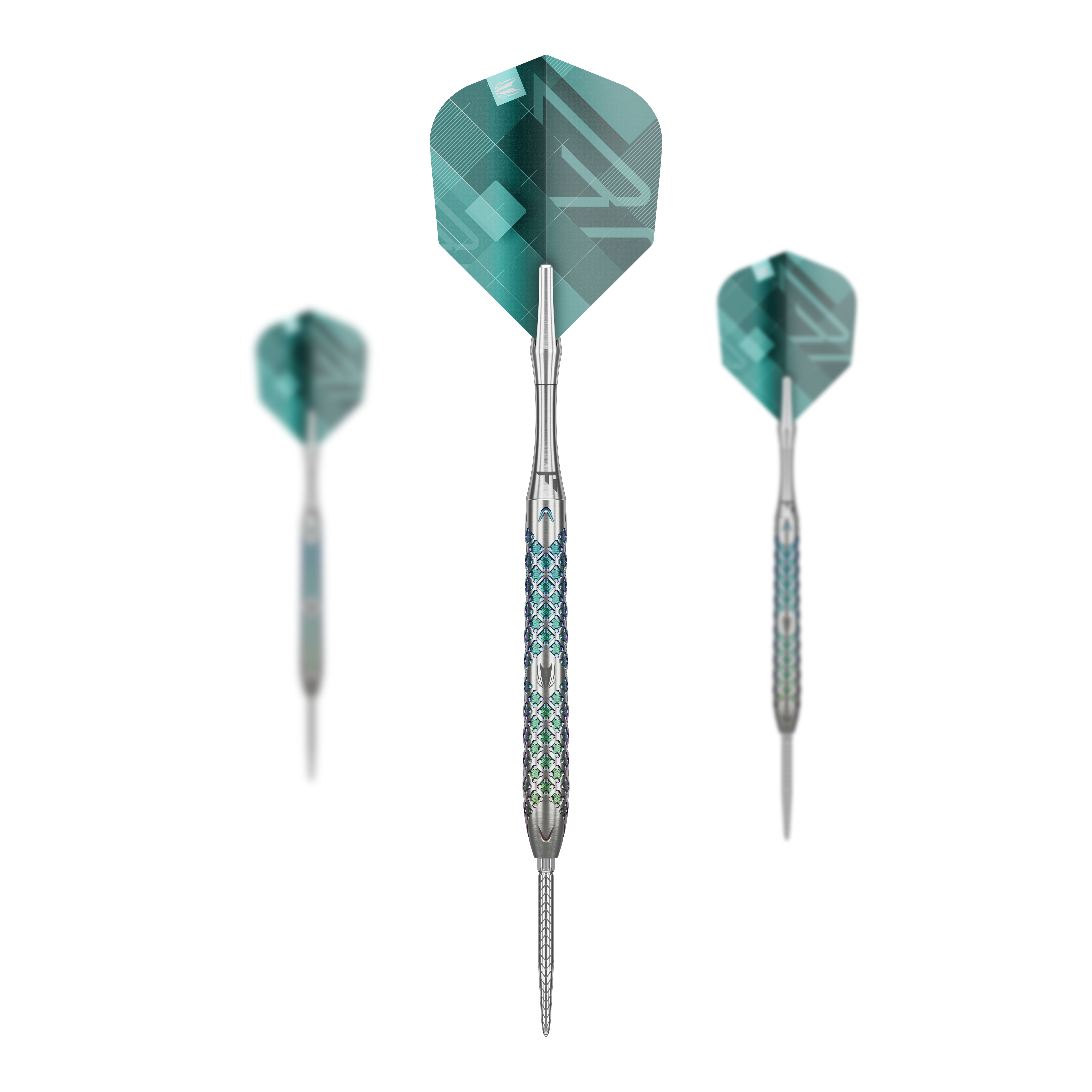Ocelové šipky Target Rove 03 Swiss Point Das Bild zeigt drei Target Rove 03 Swiss Point Steeldarts mit silbernem Schaft und blauen Akzenten. Die Flights sind grün-blau gemustert und die Darts stehen vor einem schwarzen Hintergrund.