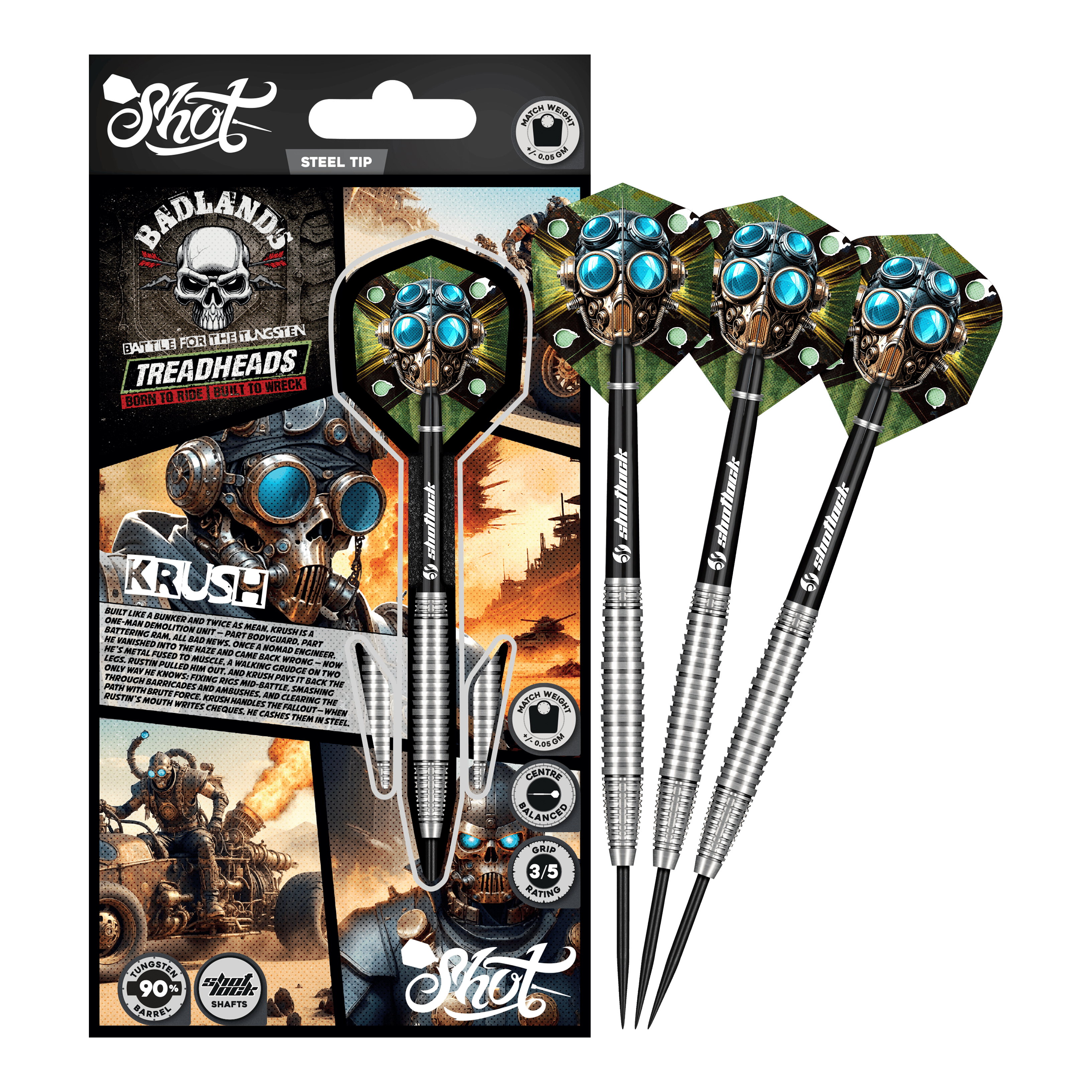 Ocelové šipky Shot Badlands Krush Dargestellt ist das komplette Shot Badlands Krush Steeldarts Set. Das Produkt ist ideal zum gezielten Werfen.