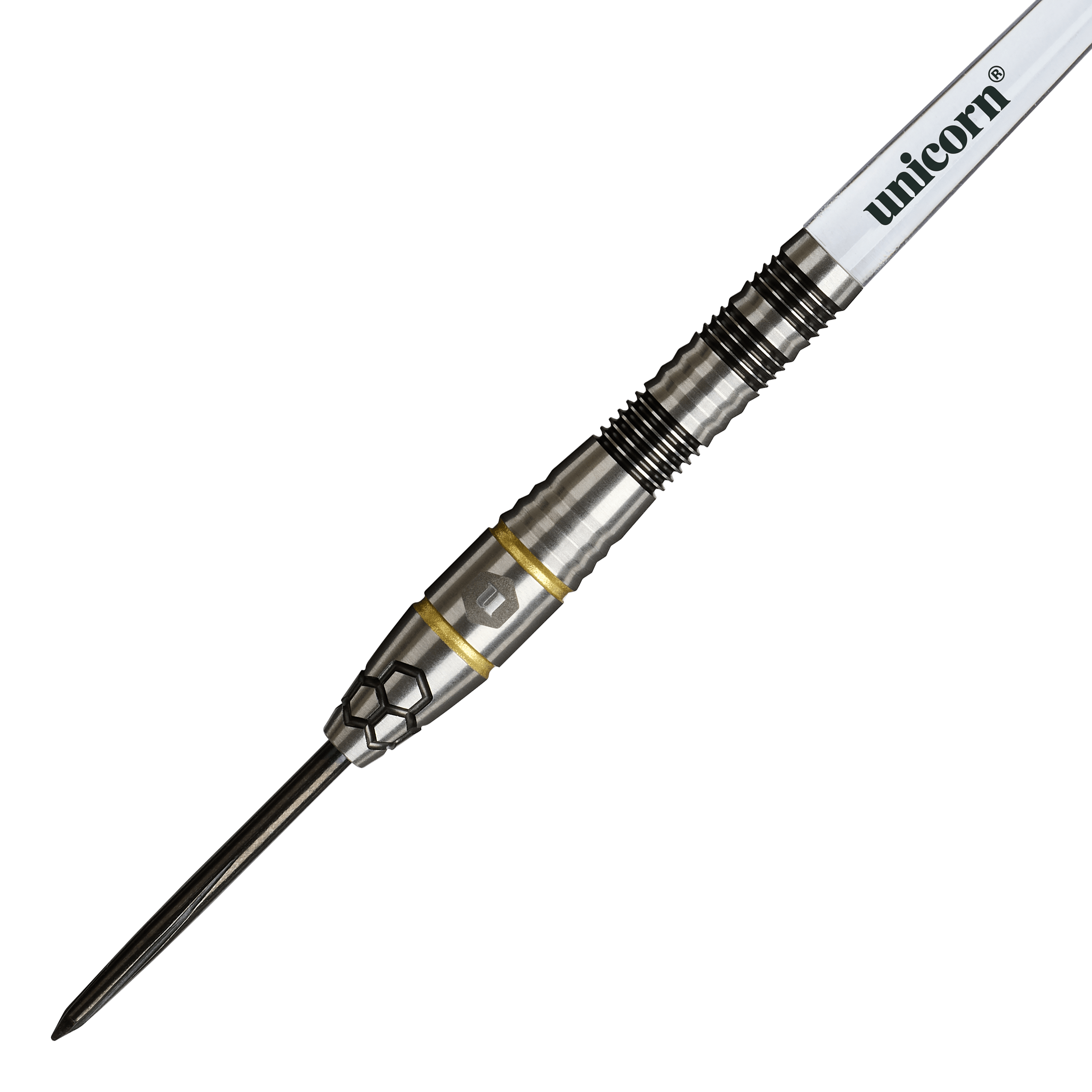 Ocelové šipky Unicorn Hexium Style 01 Černé a zlaté Auf diesem Foto sind die Unicorn Hexium Style 01 Black & Gold Steeldarts zu sehen. Die Darts heben sich durch ihr elegantes Design in Schwarz und Gold hervor.