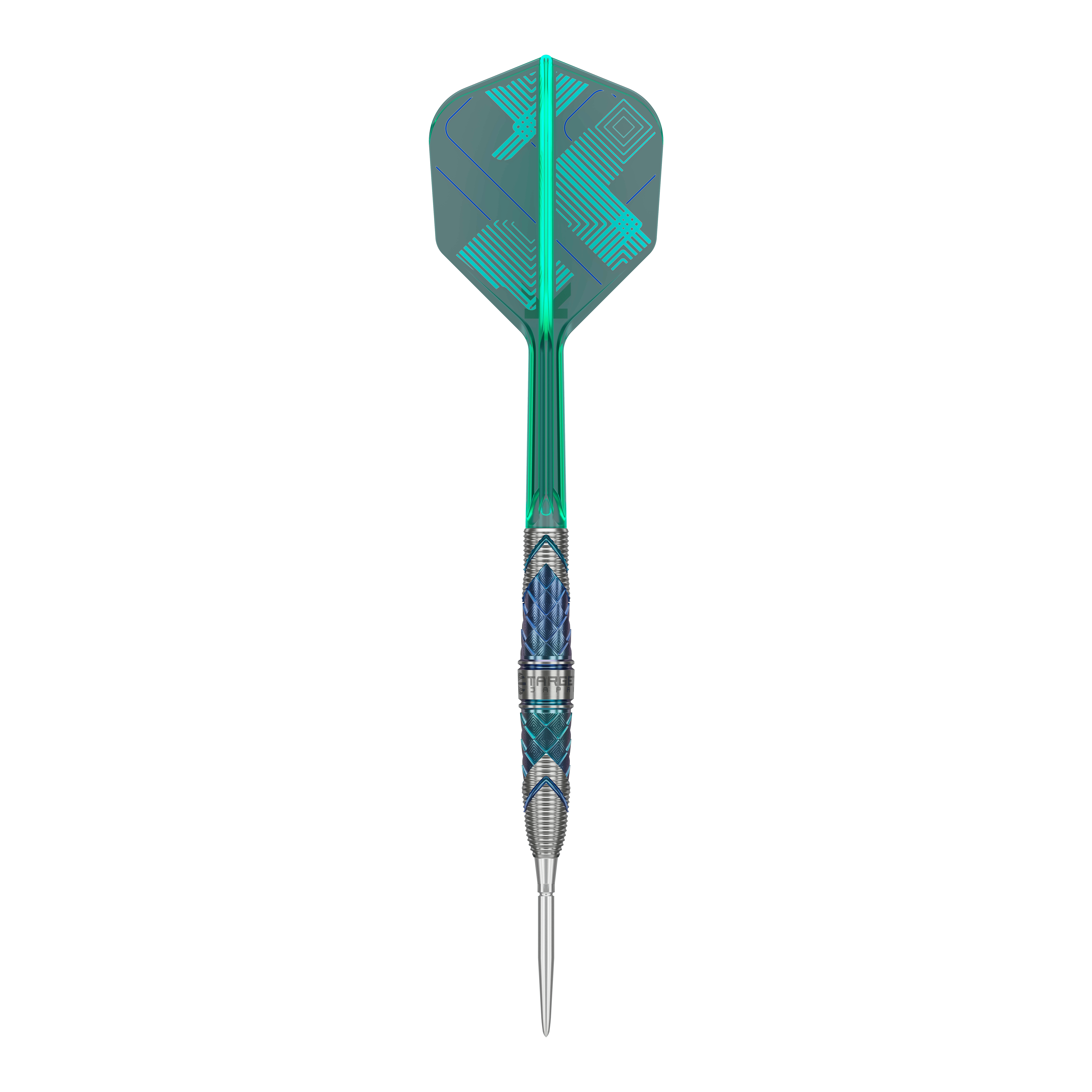 Auf dem Bild ist ein Steeldartpfeil mit dem Namen "Target Japan Kaze Series Ceros 01 Steeldarts - 23g" zu sehen. Der Pfeil hat ein auffälliges Design mit türkisfarbenen und blauen Elementen am Schaft und Flight.