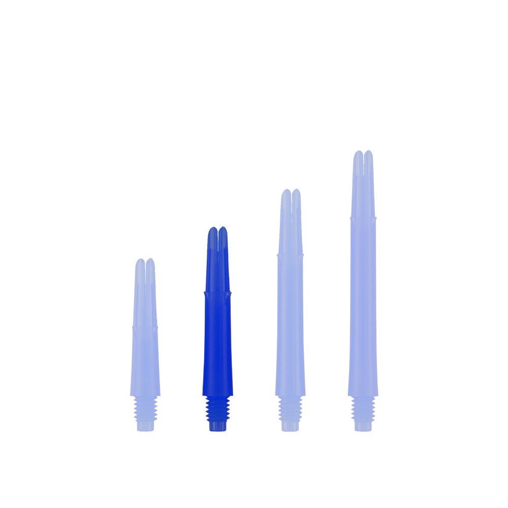 Auf dem Bild sind vier blaue Dartschäfte in unterschiedlichen Längen zu sehen. Sie stehen nebeneinander aufrecht vor weißem Hintergrund.