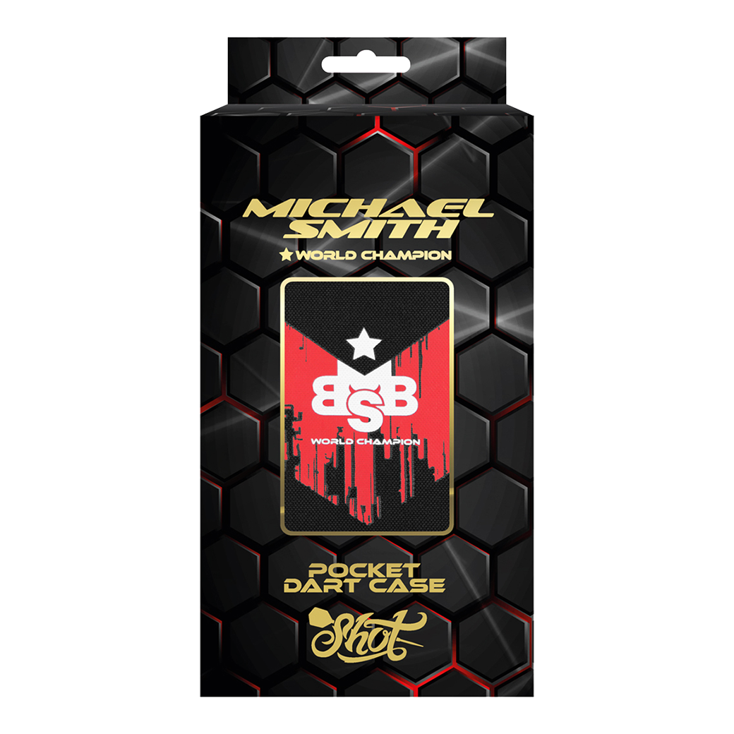 Pouzdro na šipky Shot Michael Smith World Champion - Victory Die Abbildung zeigt die Verpackung des Produkts "Shot Michael Smith World Champion Pocket Dartcase - Victory". Das Design ist schwarz mit goldener Schrift und hebt das Dartcase sowie den Titel "World Champion" hervor.