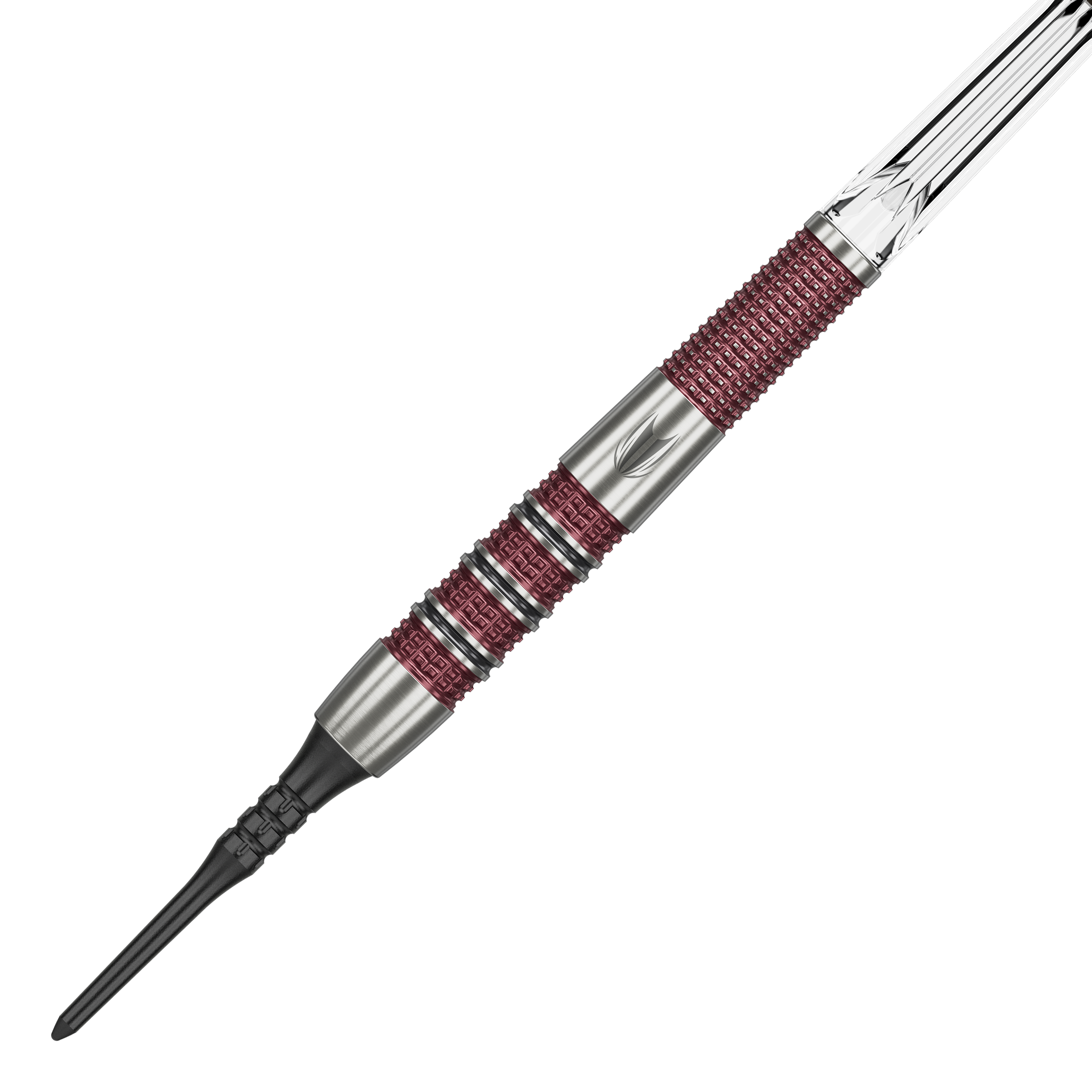Das Bild zeigt einen Target Stephen Bunting 95K Softdart mit einem Gewicht von 19 Gramm. Der Dart hat ein silbernes und rotes Griffdesign mit einer schwarzen Softspitze.