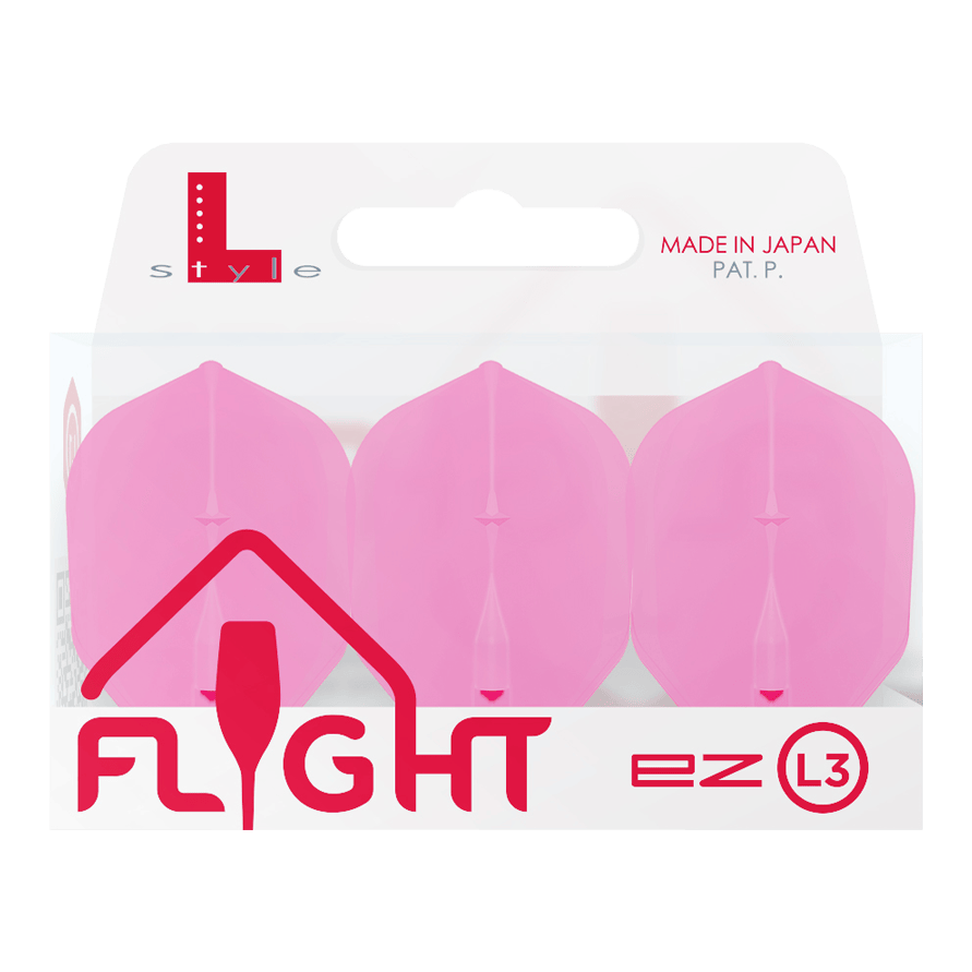 Lety L-L-Style3EZ Die Abbildung zeigt eine Packung mit drei pinken Dartflights der Marke L-Style. Auf der Verpackung steht "FLIGHT" und "MADE IN JAPAN".