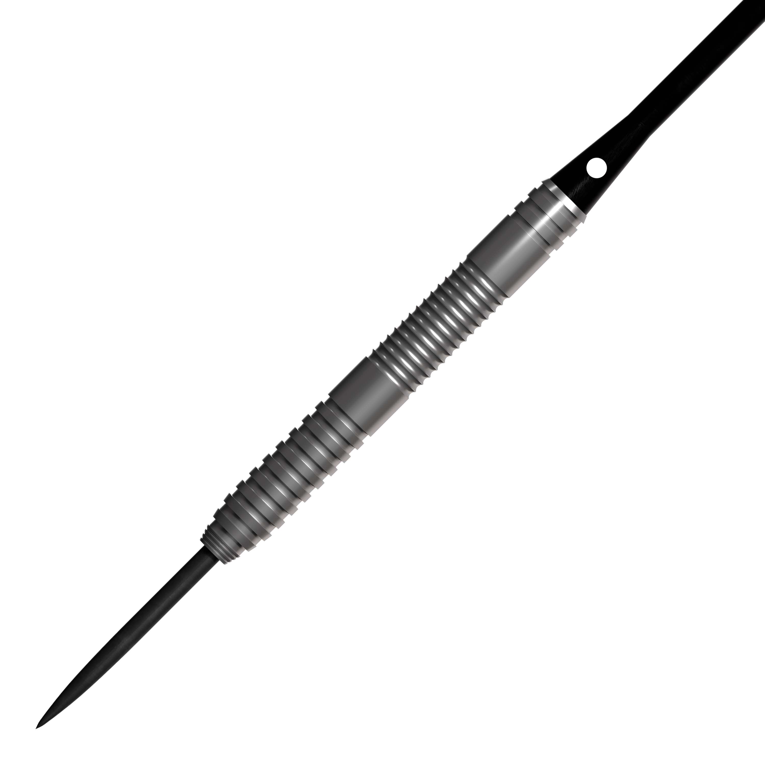 Das Bild zeigt einen Bulls NL Lightning Red Steeldart. Der Dartpfeil hat eine silberne, geriffelte Metalloberfläche und eine scharfe Spitze.