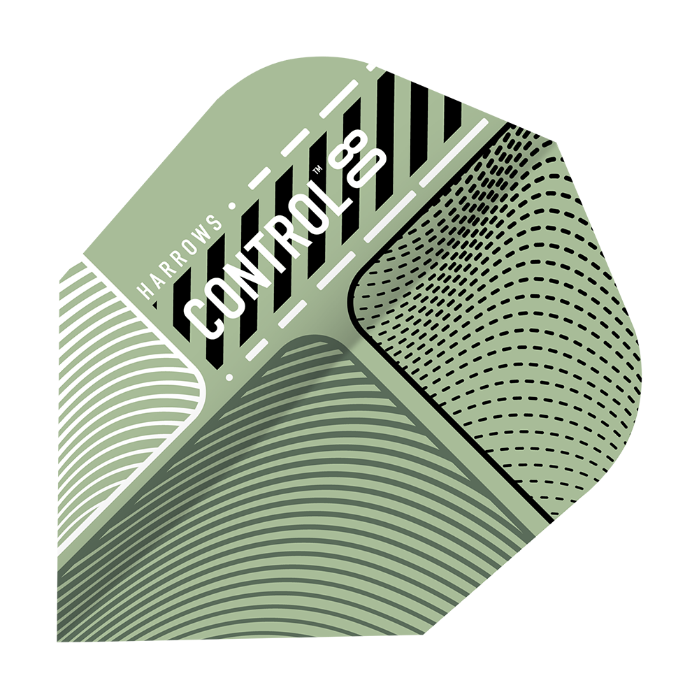 Lety Harrows Prime Control č. 6 Das Bild zeigt das Produkt "Harrows Prime Control No6 Flights". Es ist ein Dart-Flight mit einem modernen, grafischen Design in Grüntönen und weißen Linien.