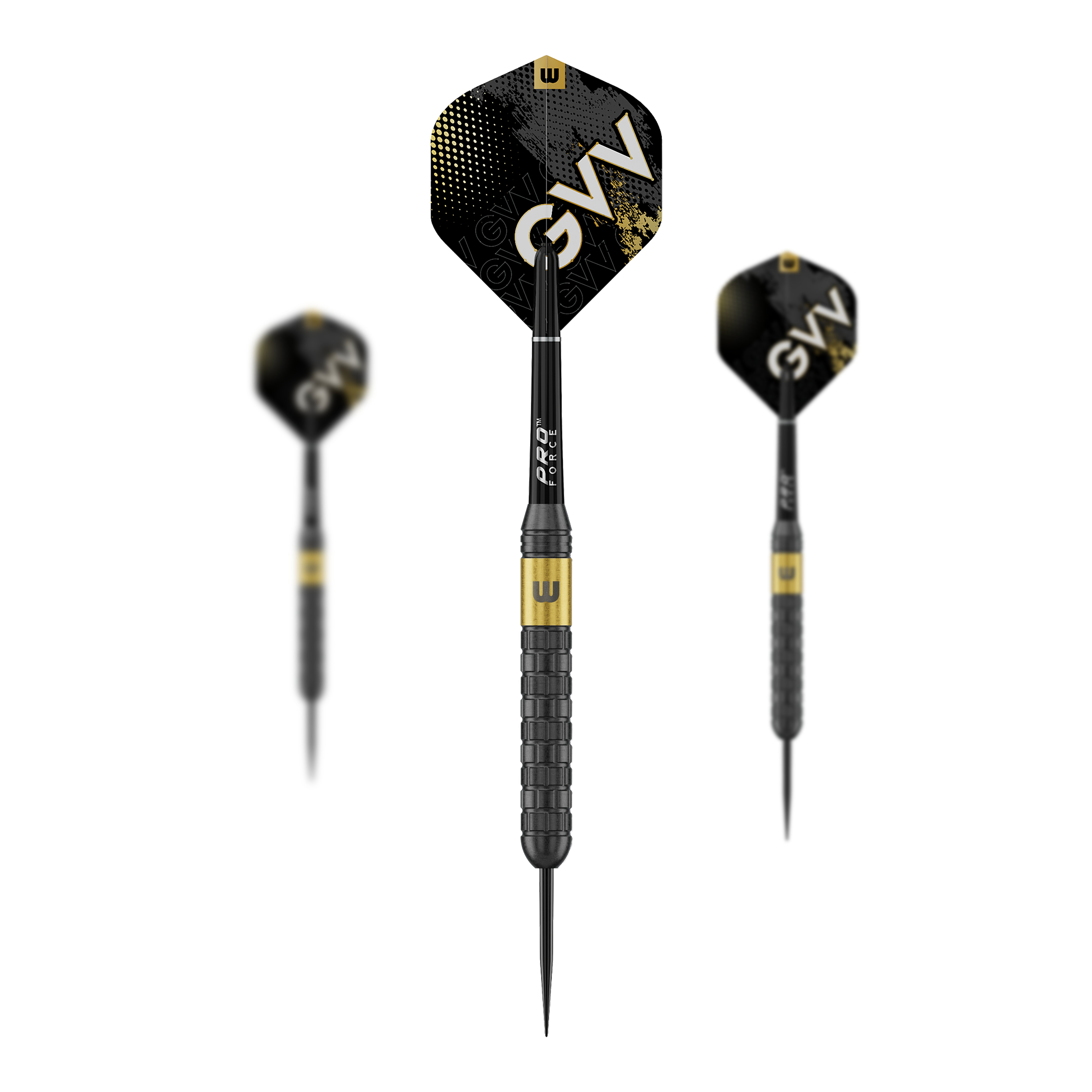 Winmau Gian Van Veen jádro mosazné Steeldarts - 21g Abgebildet ist ein Set von Winmau Gian Van Veen Core Brass Steeldarts 21g. Die drei Darts sind nebeneinander angeordnet.