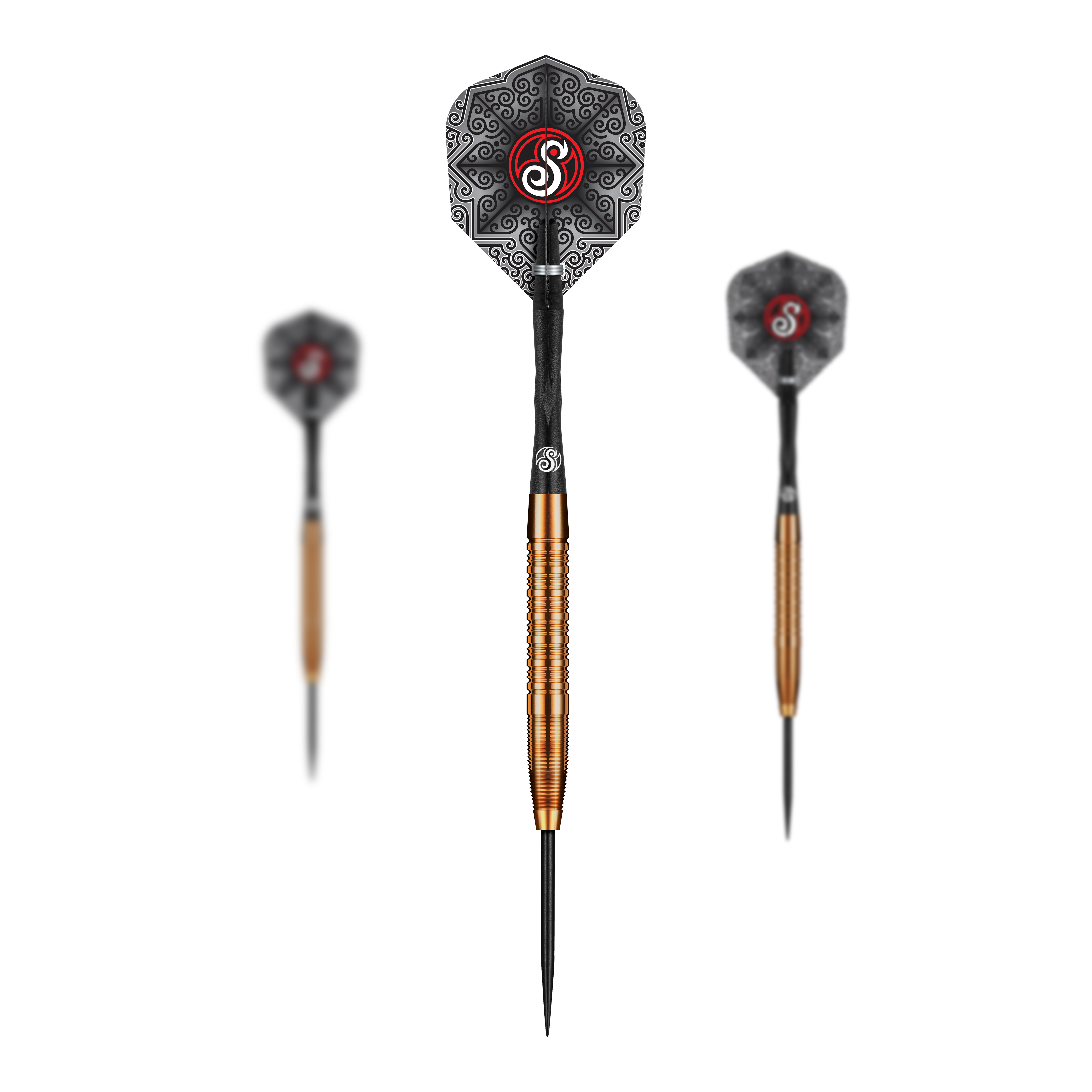 Das Bild zeigt die Shot Pro Series Jake Womack Steeldarts - 23g. Die Darts haben einen goldfarbenen Schaft und ein schwarzes Flight mit auffälligem Muster und rotem Logo.