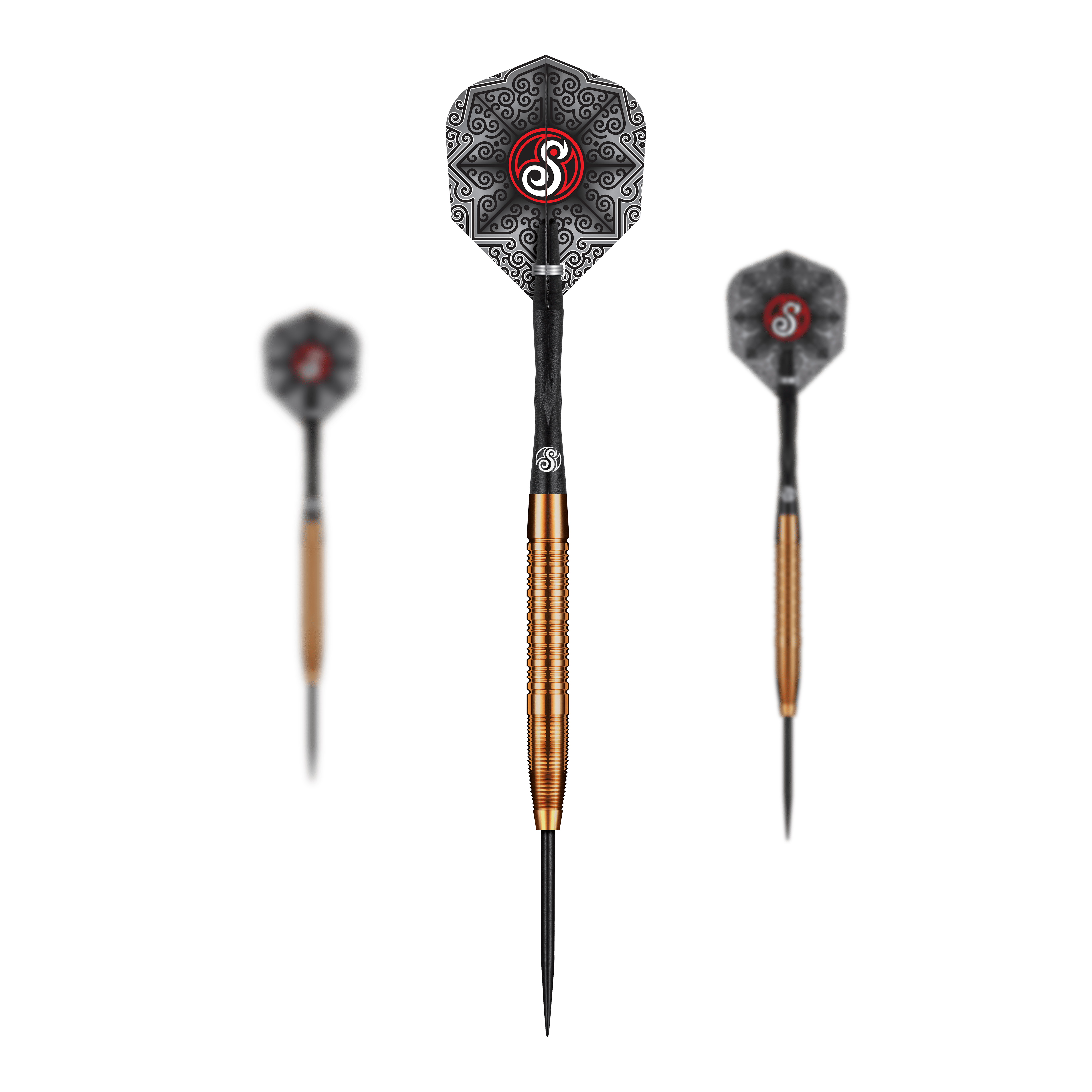 Šipky Shot Pro Series Jake Womack ocelové - 23g Das Bild zeigt die Shot Pro Series Jake Womack Steeldarts - 23g. Die Darts haben einen goldfarbenen Schaft und ein schwarzes Flight mit auffälligem Muster und rotem Logo.