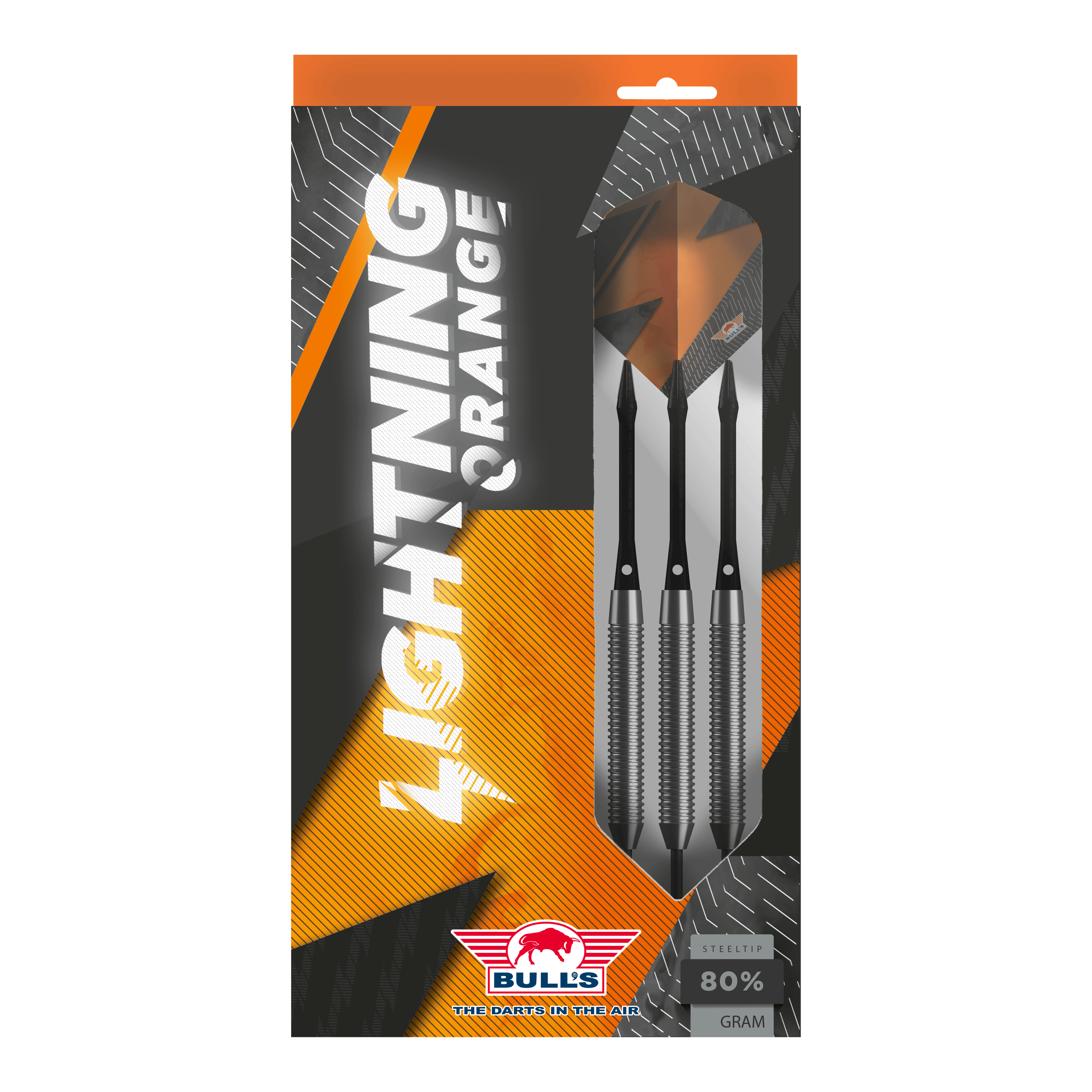 Šipky Bulls NL Lightning Orange Steel Darts Das Bild zeigt die Verpackung der "Bulls NL Lightning Orange Steeldarts". In der Packung befinden sich drei Steeldarts mit orange-schwarzem Design.