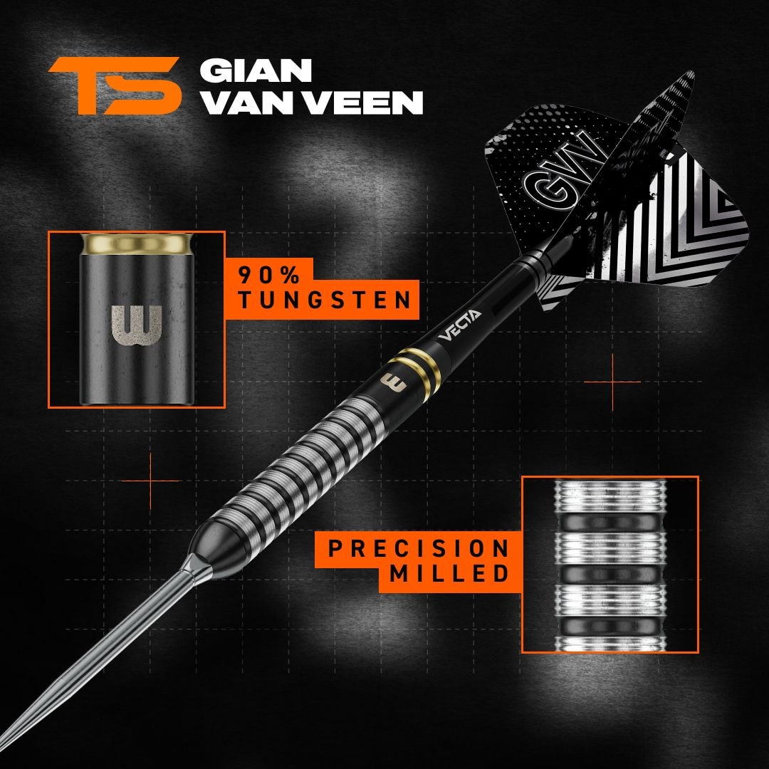 Ocelové šipky Winmau Gian Van Veen TS Switch Point Das Bild zeigt Winmau Gian Van Veen TS Switch Point Steeldarts. Drei Darts mit moderner Optik sind zu sehen.
